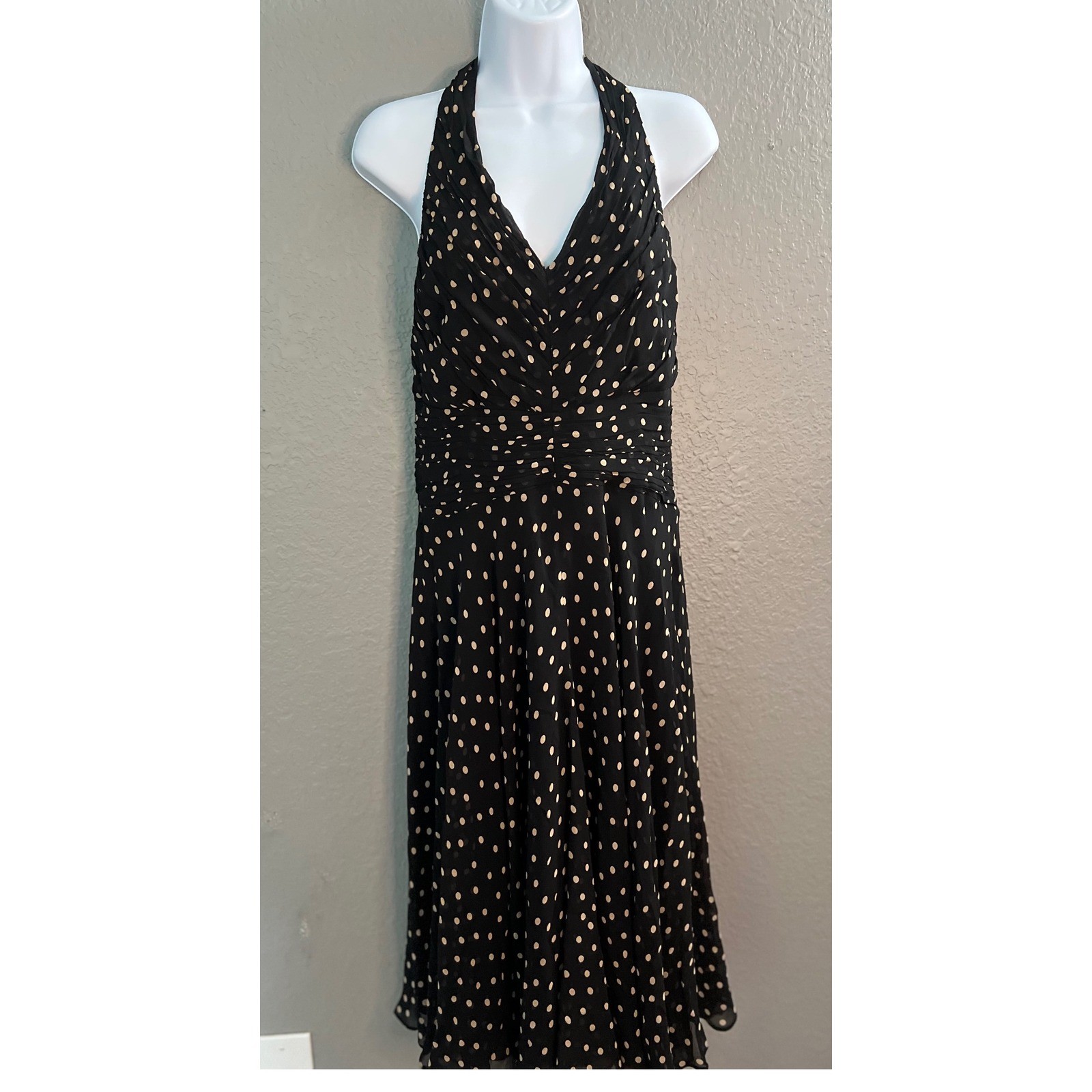 Silk Polka Dot Halter Dress SZ 12 Rushed Midi Party Cocktail Jones New York