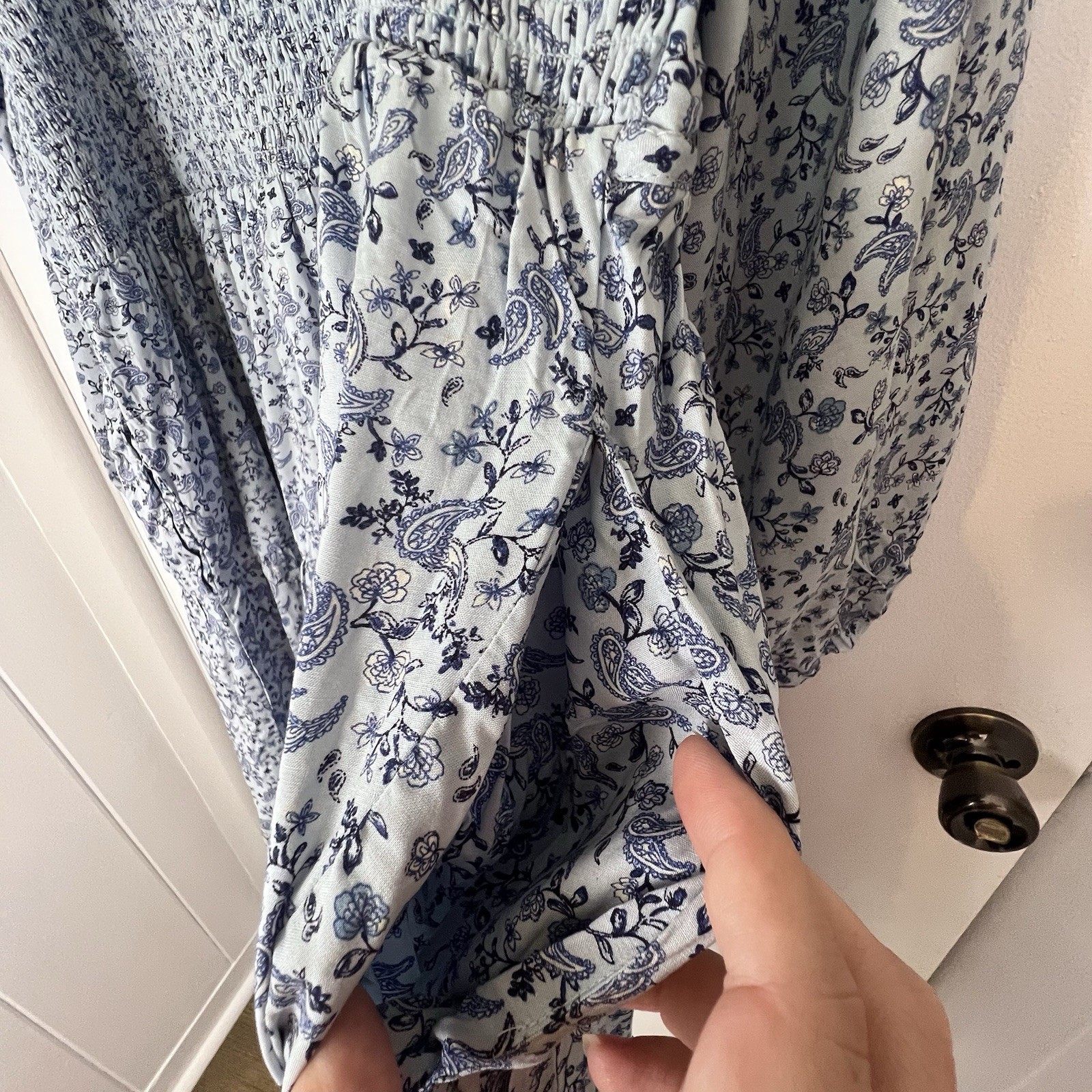 Boho Cottagecore Floral Peasant Dress XXL Smocked Babydoll Blue White