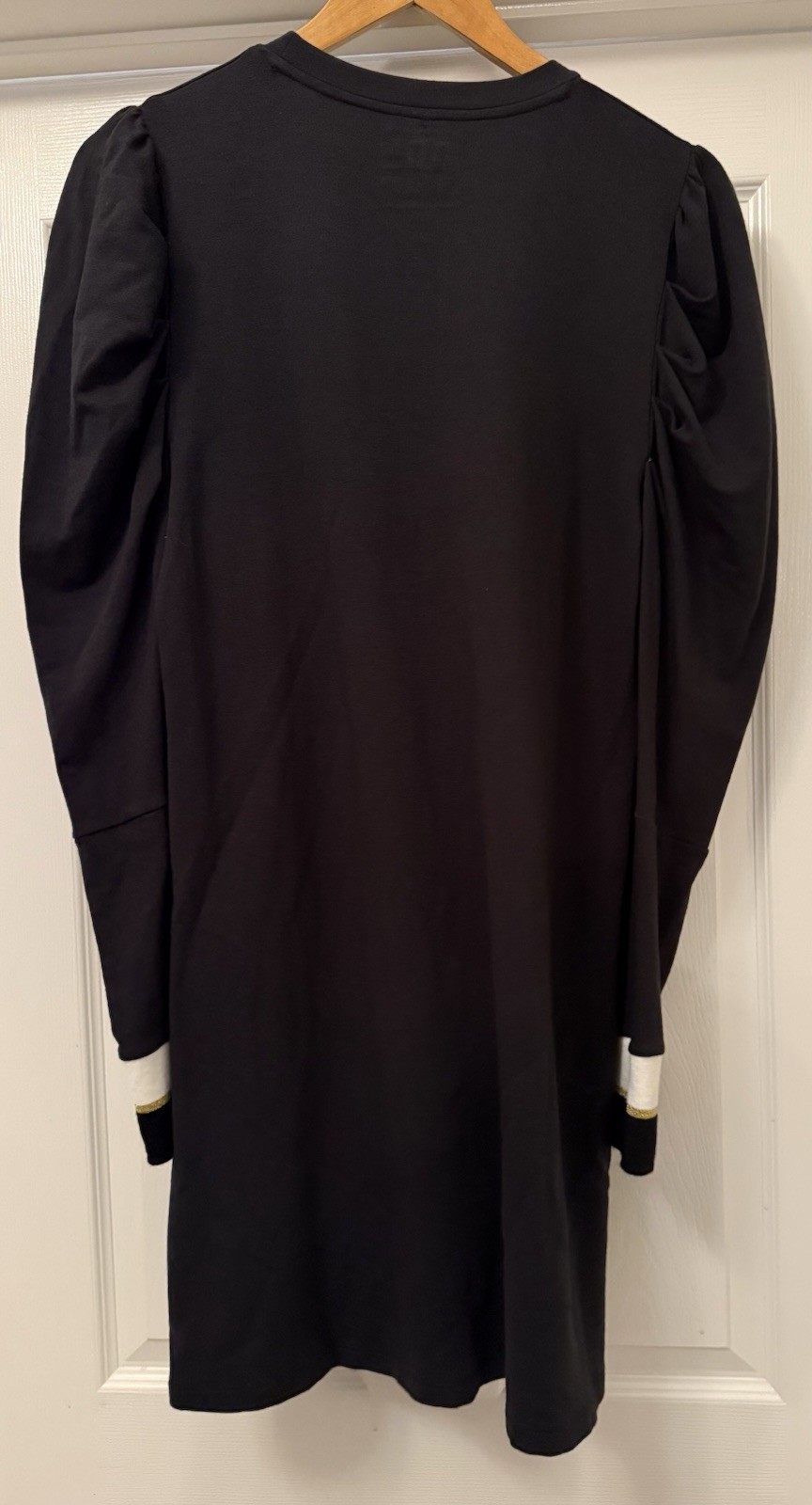 Emily McCarthy Sweatshirt Dress Womens S Black Puff Sleeve Gold Stripe Cuffs