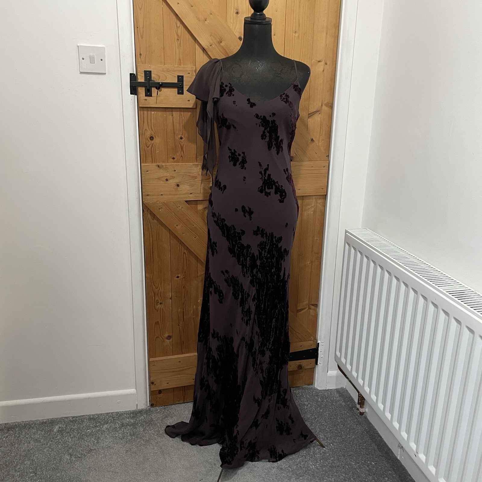 Monsoon 90s Y2K Whimsy Burgundy Brown Long Bias Cut Slip Devore Dress UK 12/14