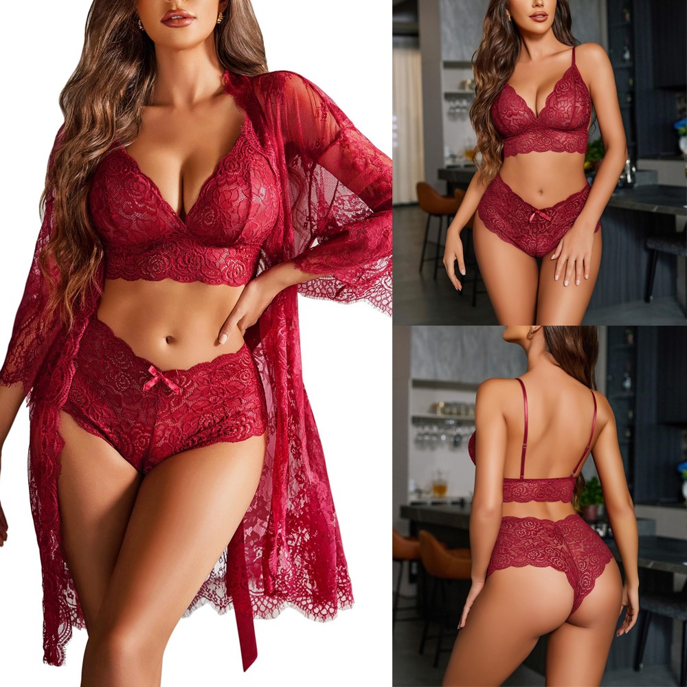 Women Sexy Lingerie Set 3 Pcs Bra & Panty Sets with Lace Kimono Robe Nightgown