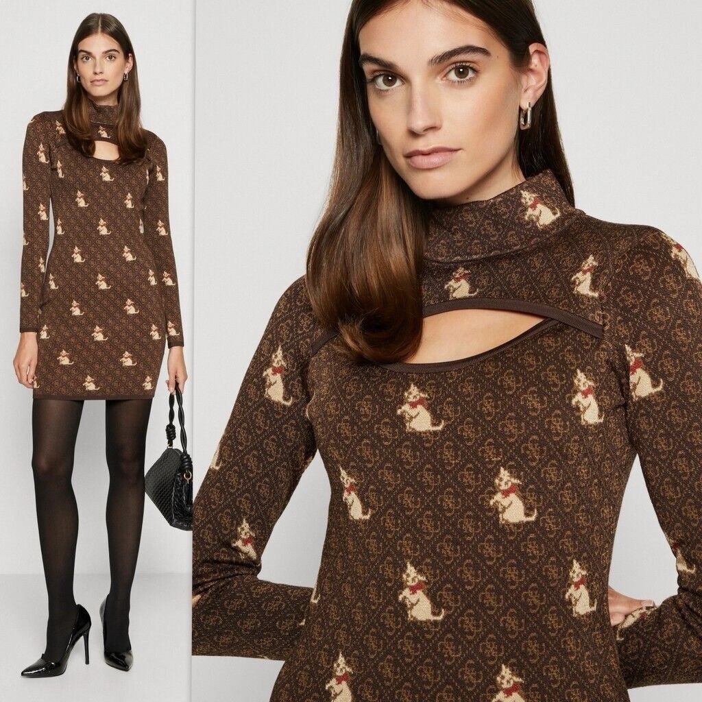 Brandalised Banksy Graffiti Cat Monogram Cutout Mock Neck Mini Dress Brown XS