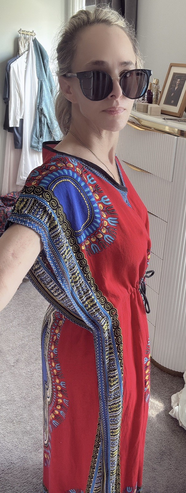 Dashiki Print Kaftan Maxi Dress Red Blue Angelina Tribal Boho Drawstring Waist