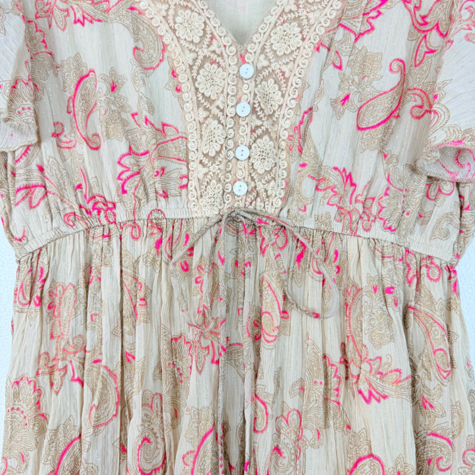 Ananta Paisley Boho Mini Dress Size L Tan Pink Crochet Lace Tiered Ruffle Tie