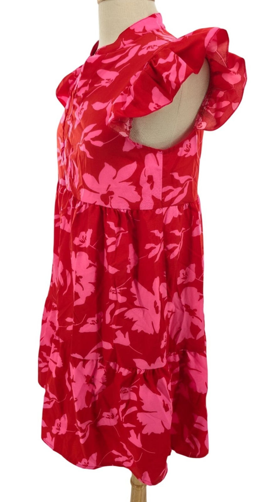 Ruffle Cap Sleeve Mock Split V-Neck Bright Floral Tiered Tropical Mini Dress