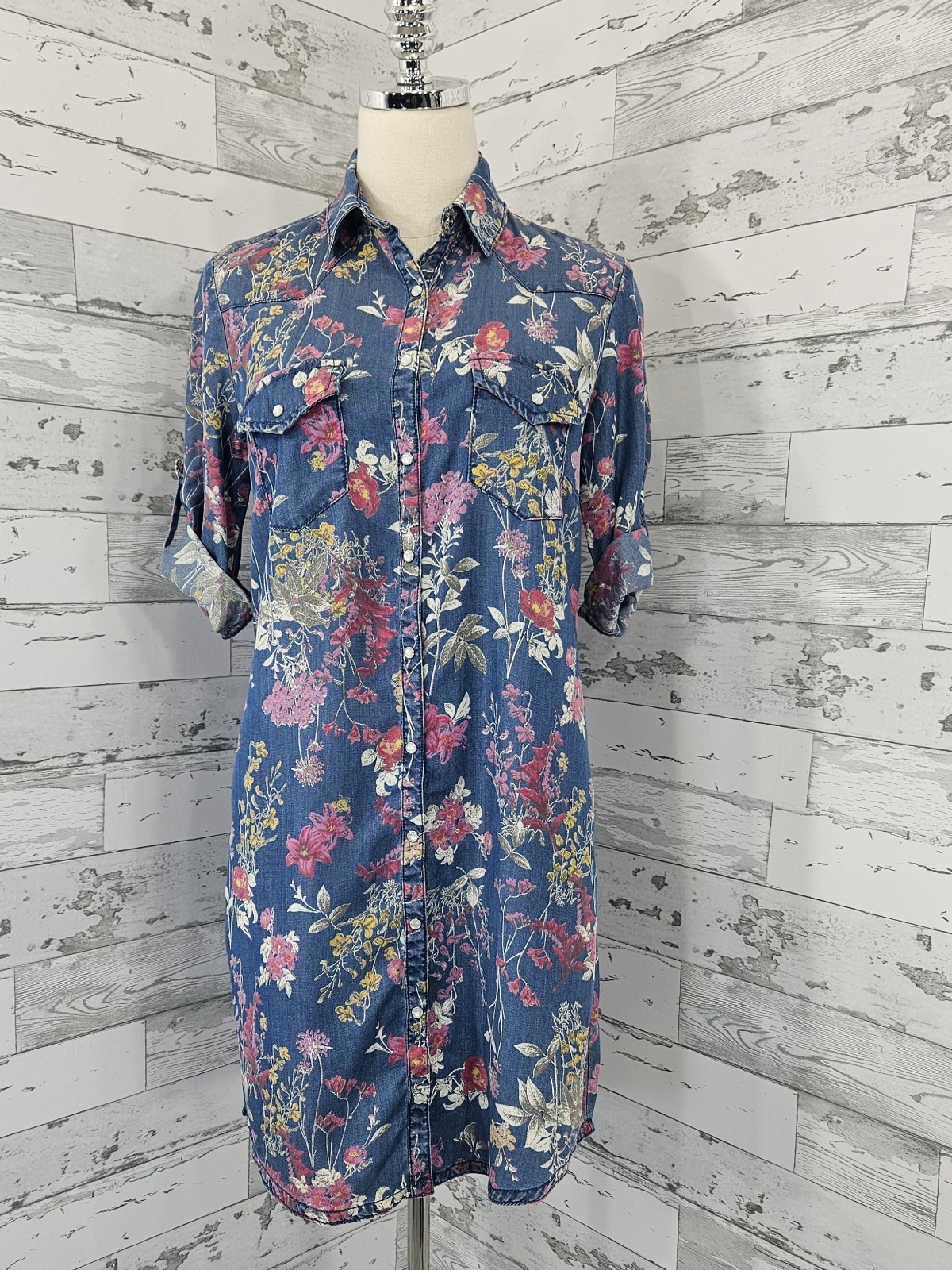 Kut from the Kloth Floral Chambray Snap Buttons Dress Womens Xsmall Pockets