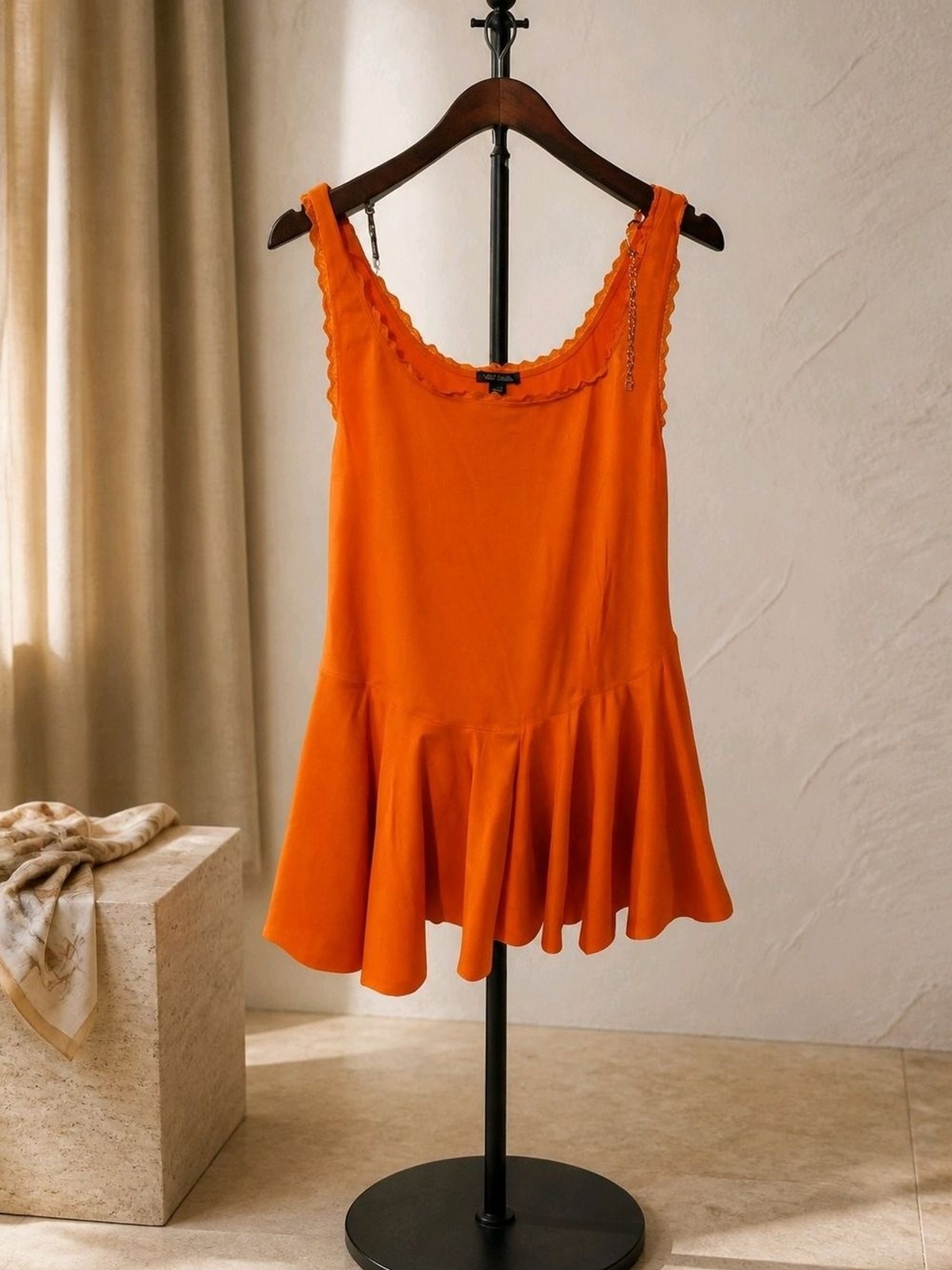 Women’s Sleeveless Ruffle Hem Dress With Built In Shorts Orange