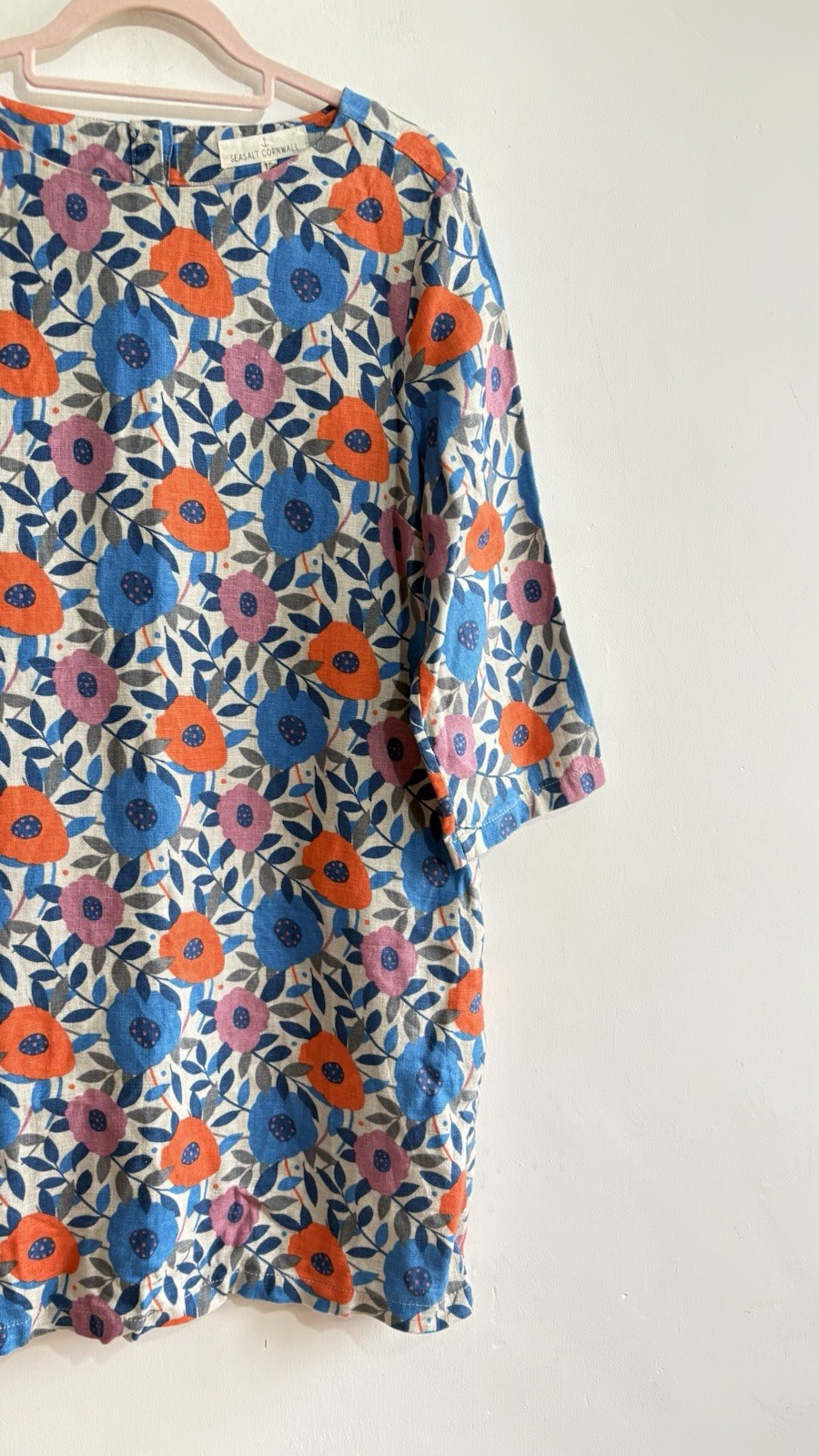 Seasalt Sol Blaze Dress Size 12 100% Linen Tunic Grey Floral Cottagecore Costal