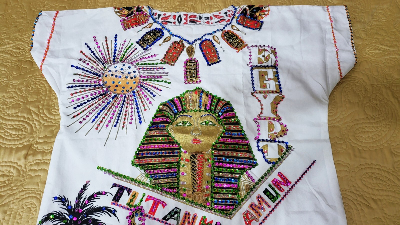 Handmade Egyptian Beaded Sequins Tut Ankh Amon White Kaftan Dress Galabia M. L.