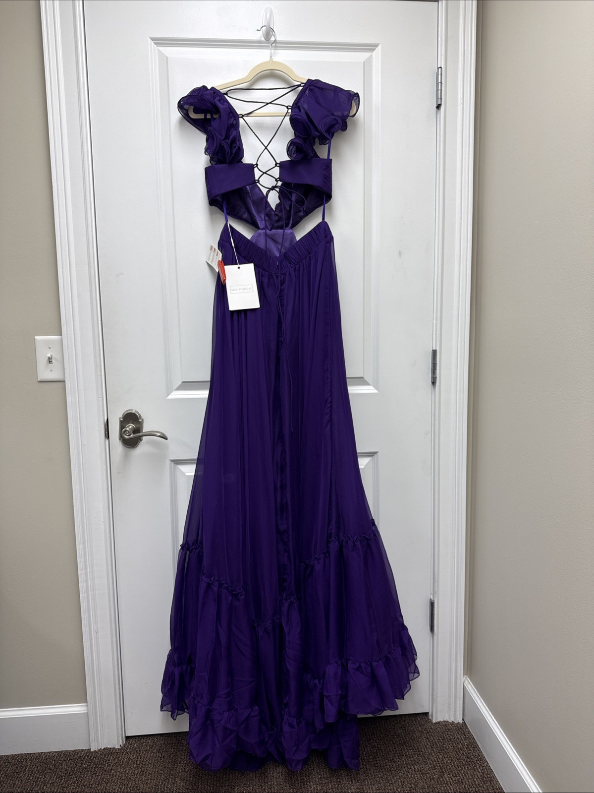 Mac Duggal Size 8 Purple 70254 Ruched Ruffled Shoulder Cut out Lace Up Gown Prom