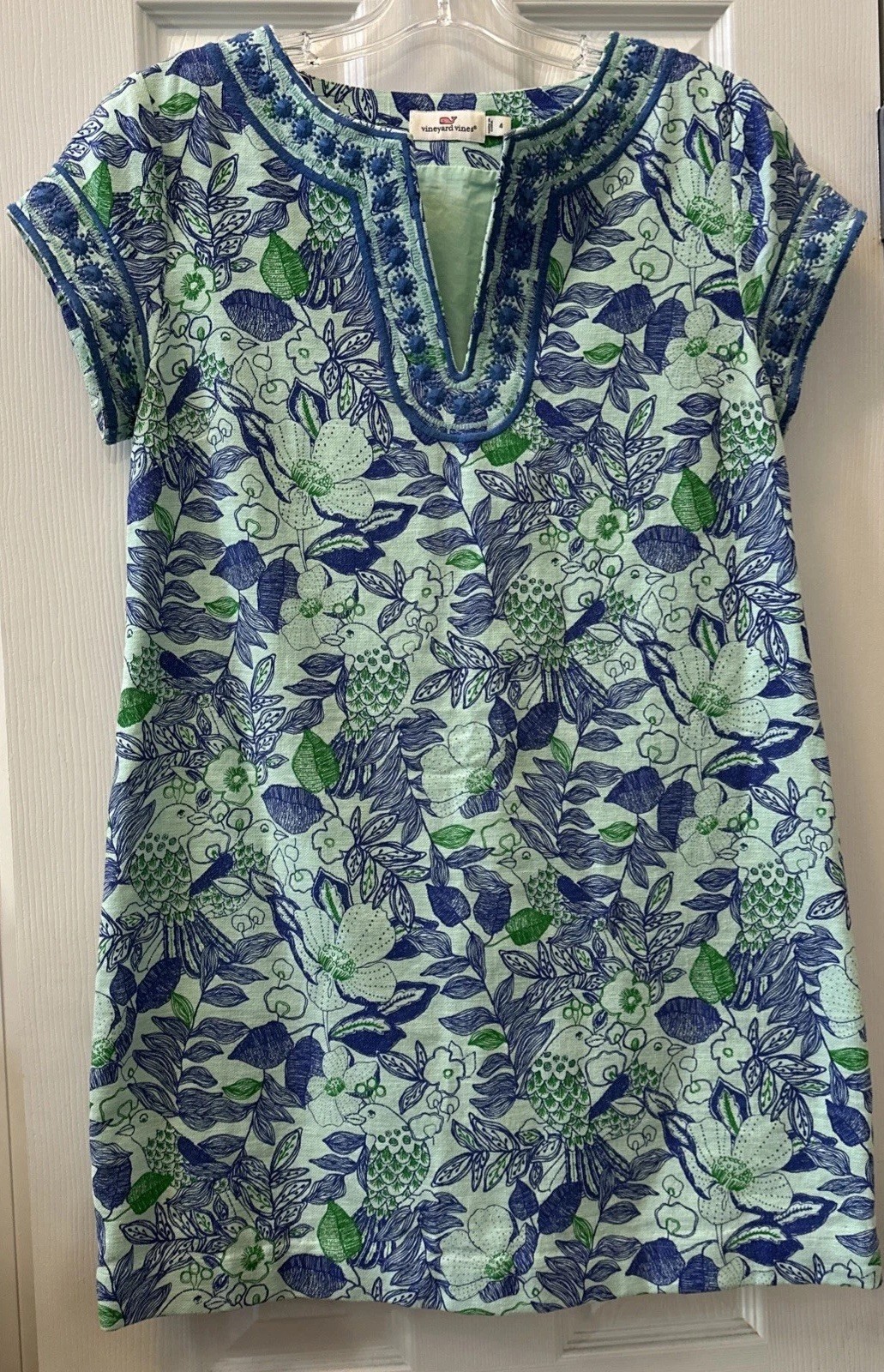 Vineyard Vines Blue Linen Blend Cordia Floral Bird Embroidered Tunic Dress Sz 4