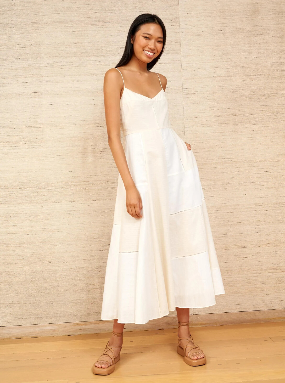 LA LIGNE Natural Ivory Patchwork Ethereal Goddess Celeste Midi Dress LARGE 10/12