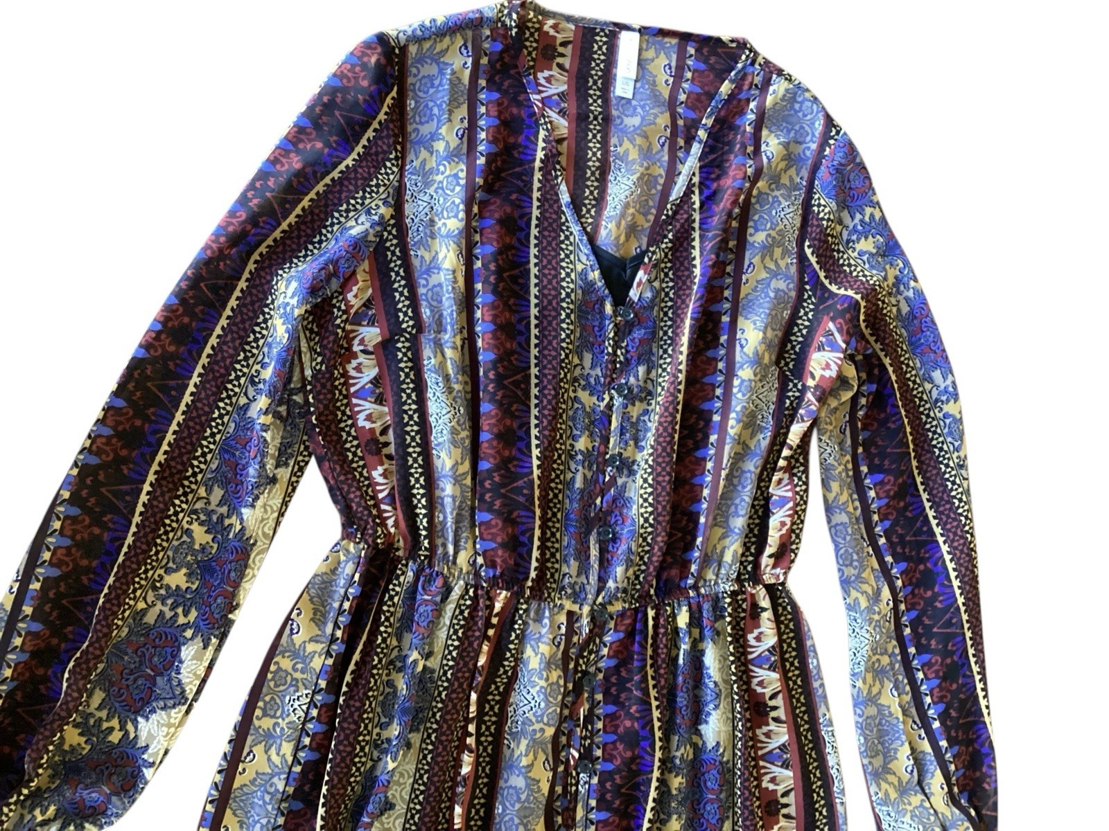 Boho Maxi Dress Long Sleeve Button Front Floral Striped Southwestern VTG Style L