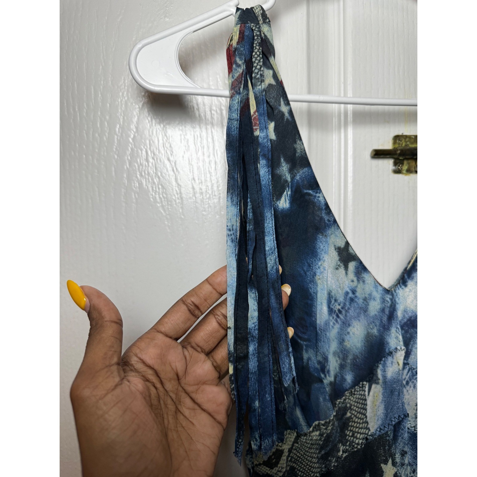 Sandro Womens American Flag Patchwork Snakeskin Print Fringe Midi Dress Blue