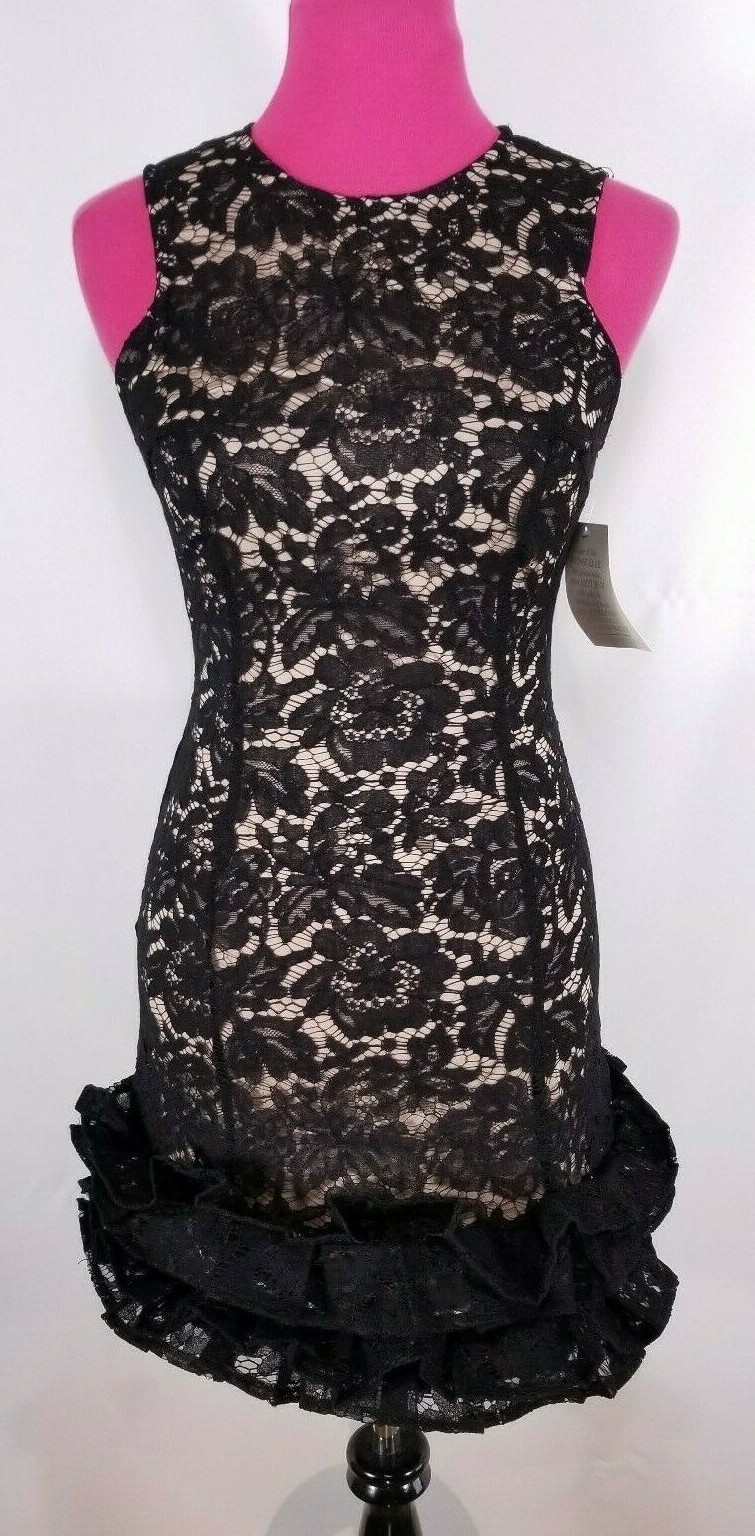 NWOT Maia Dress Size 2 Black Floral Lace Sleeveless Ruffle Hem Tan Lining