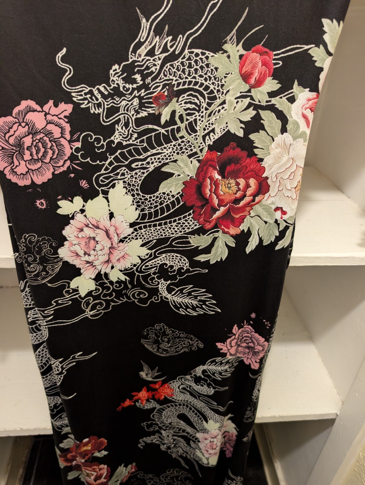 Whimsigoth Witchy Dragon Cheong-sam Black Floral Long Keyhole Neck Dress Size M