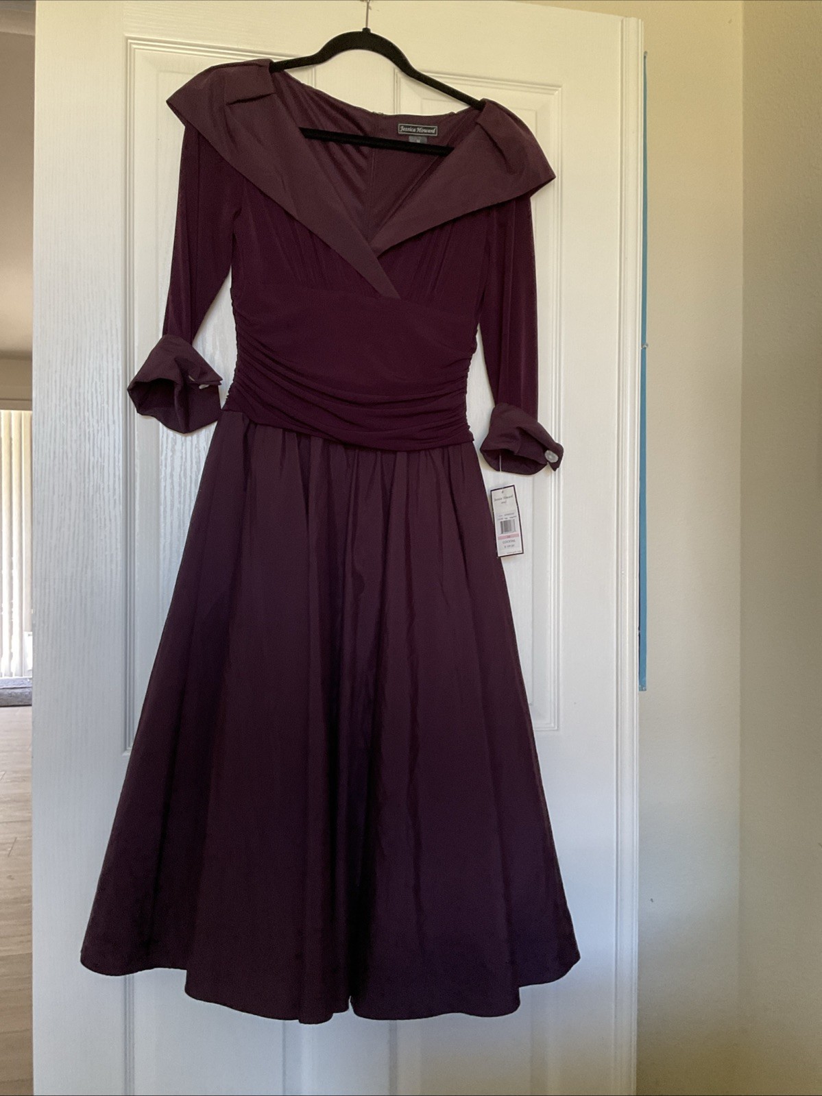 Jessica Howard Missy Women’s Eggplant Mixed-Media Fit & Flare Midi Dress Size 10