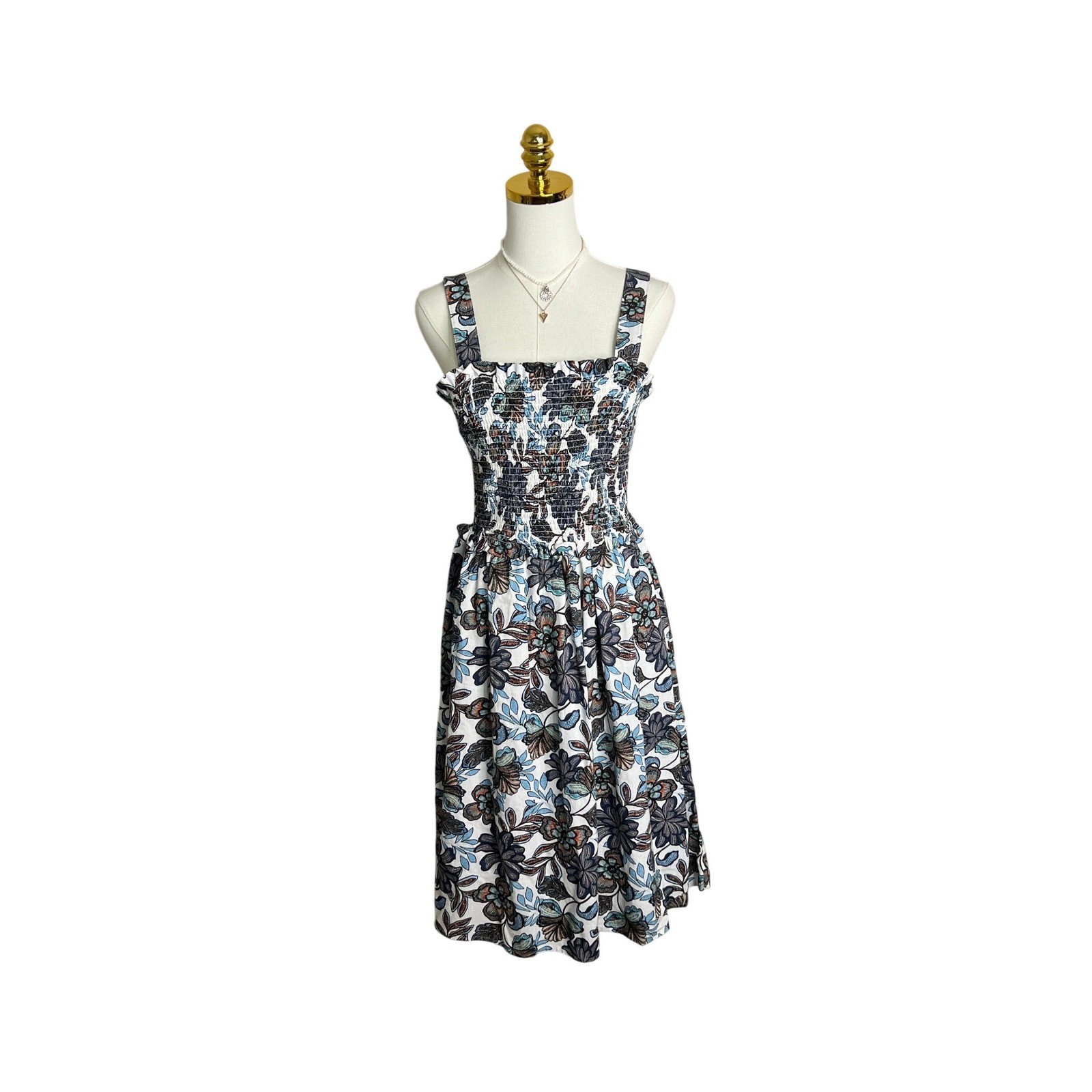Ana Floral Smocked Bodice Midi Dress Blue Brown Sleeveless Sundress with Pockets