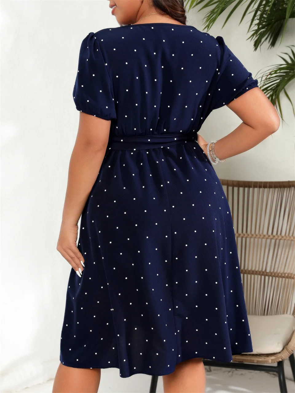 Plus Size Square Neck Polka Dot Belted Dress Women’s Elegant Retro.