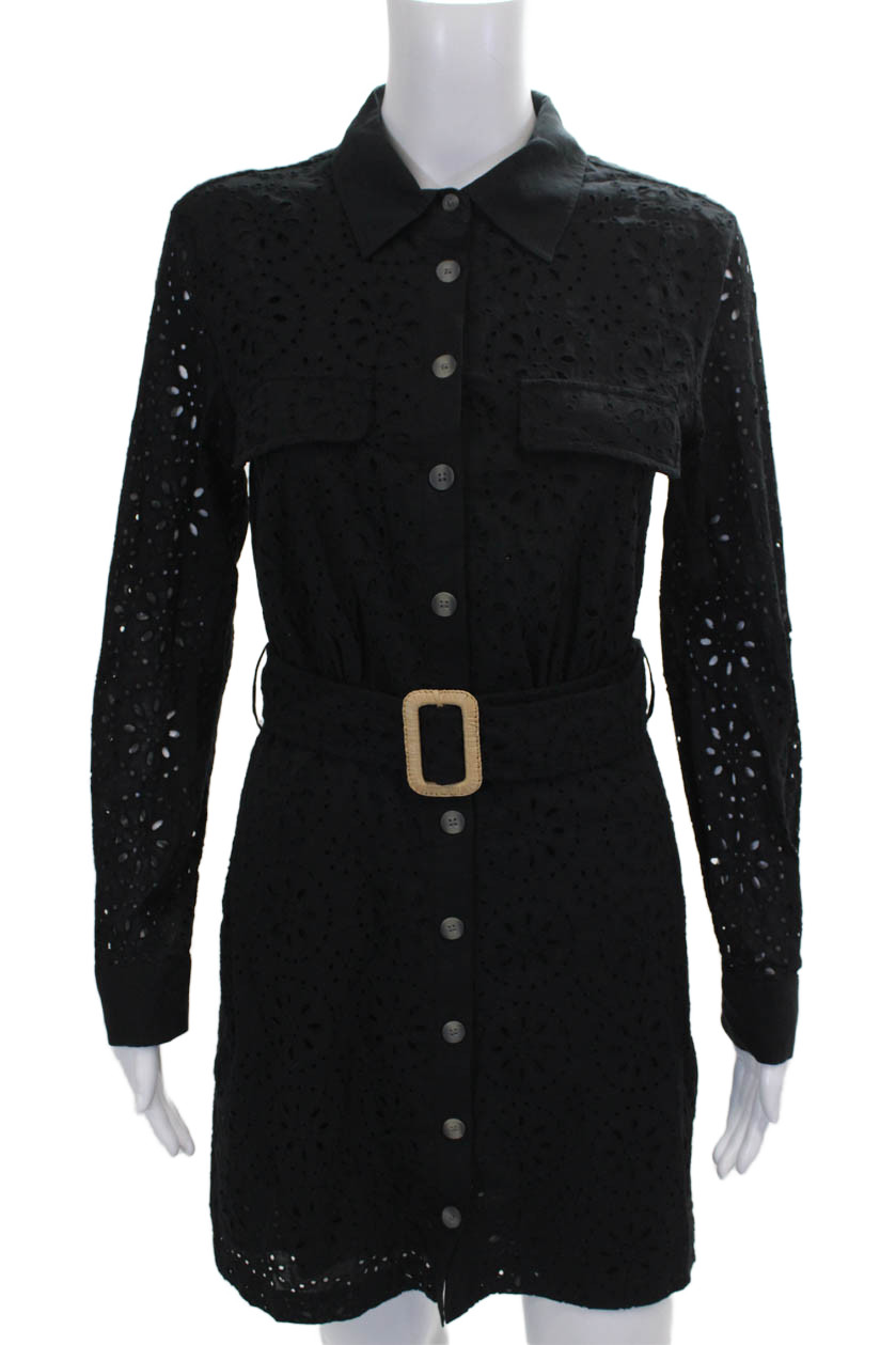 MNG Womens Shirt Dress Black Collared Long Sleeve Floral Cotton Short Size S