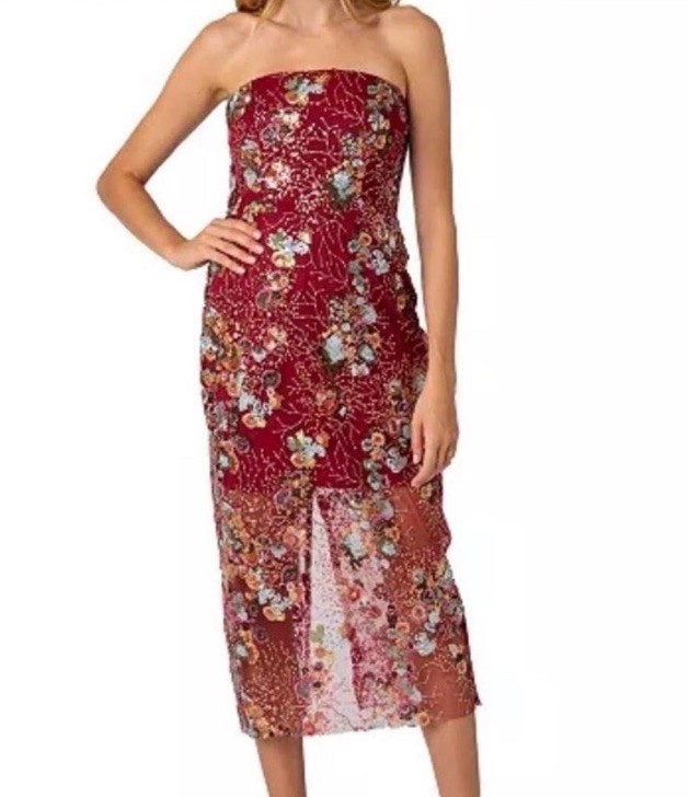 Sam Edelman Burgundy Floral Sequin Mesh Strapless Midi Sheath Dress Size 10