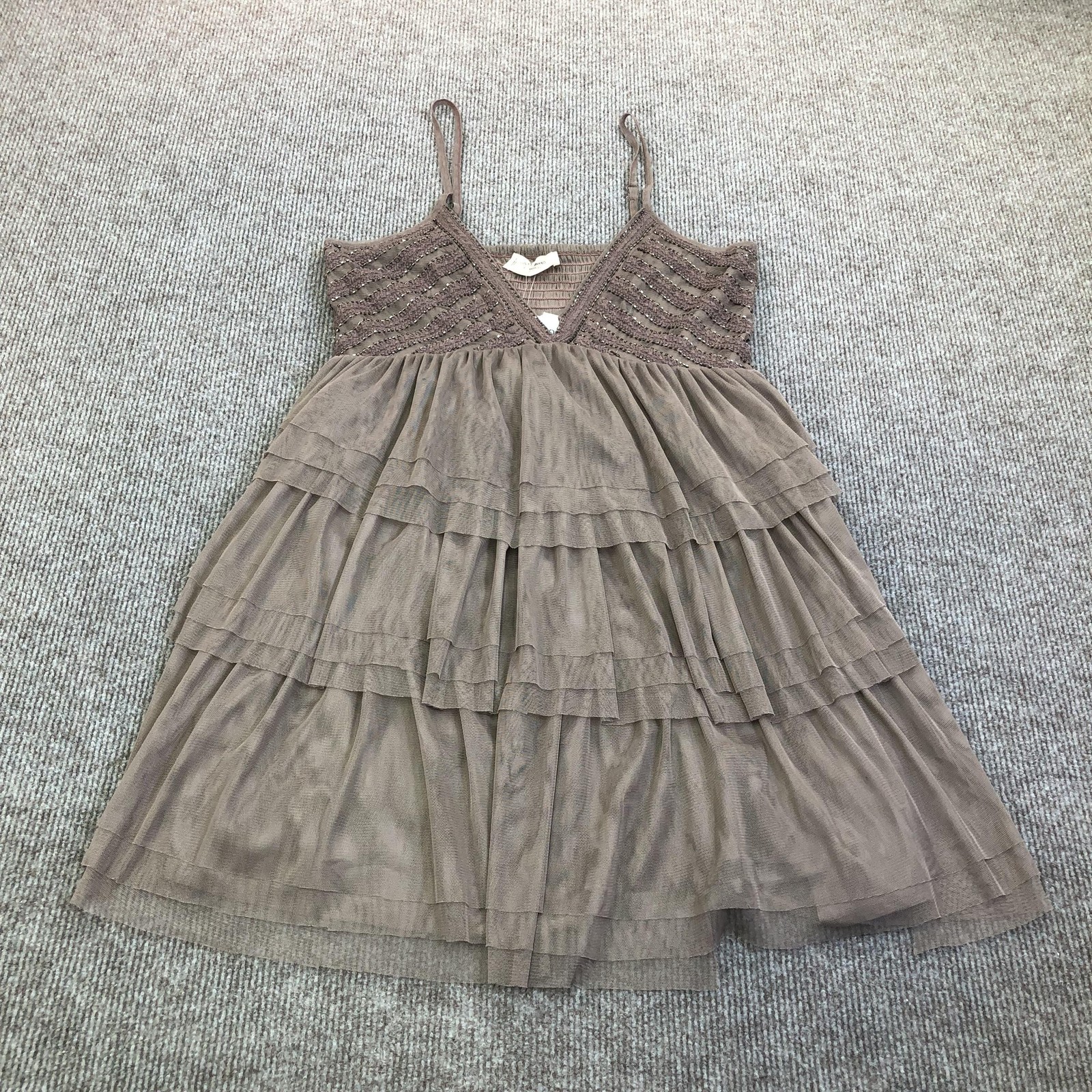 Lucky Brand Dress Womens Small Brown Beaded Smocked Tiered Mesh Party Mini