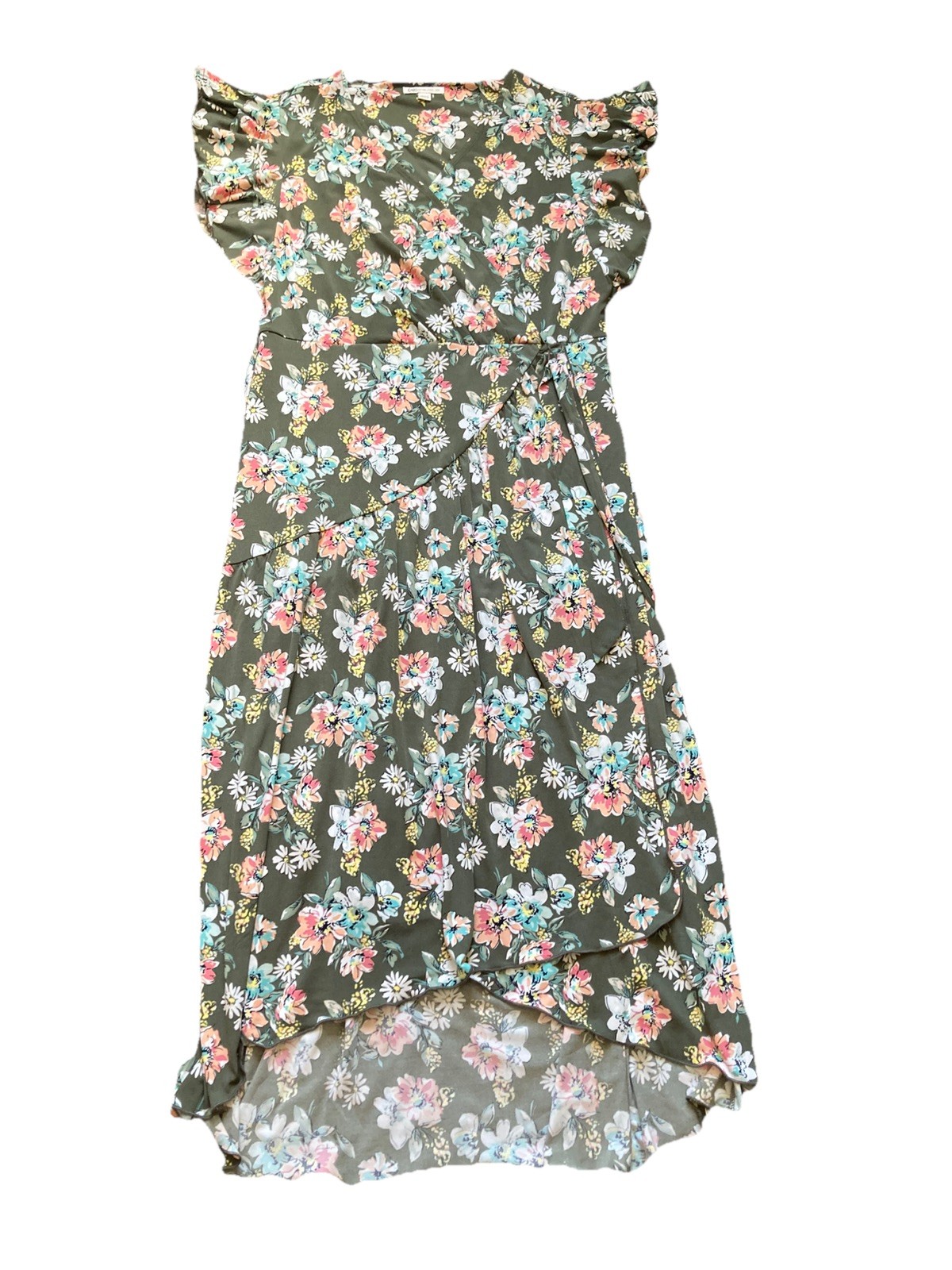 Cato Size 14/16W Floral Hi Lo Dress Green Floral Faux Wrap Short Ruffle Sleeves