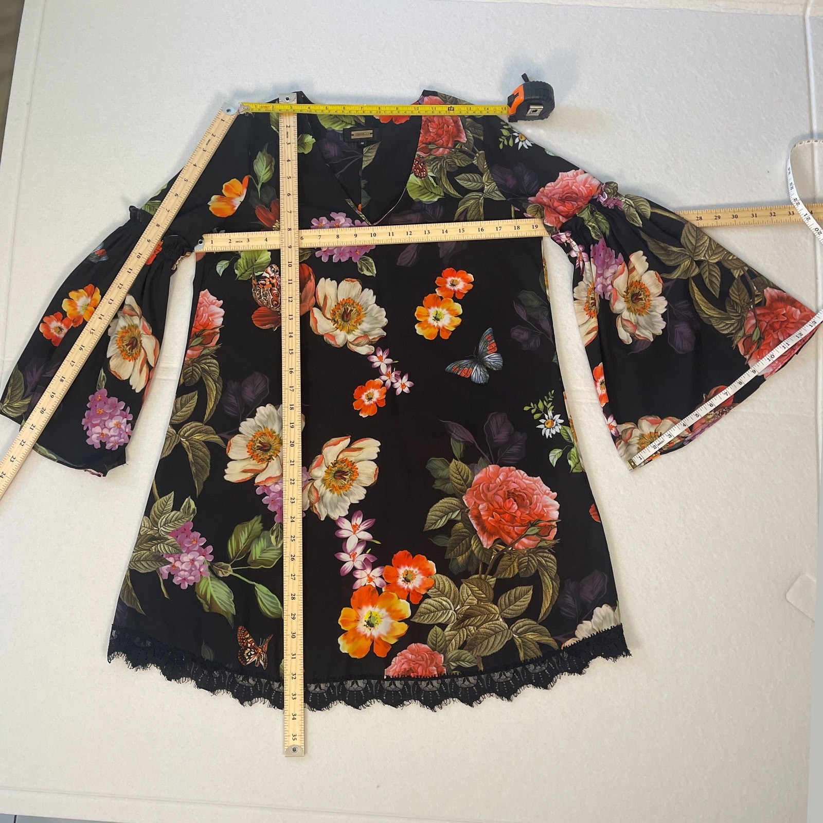 Alexia Admor Floral Butterfly Mini Dress Bell Sleeve Lace Hem Black Size S