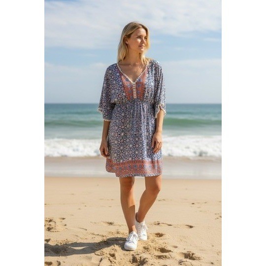 Passager Boho Beach Cover Up Dress EU 40 M Medallion Print Pom Trim