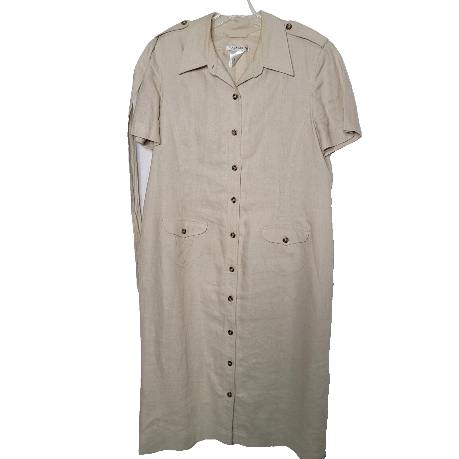 Plaza South Dress Size 18 Khaki Linen Belted Front Button Midi Lined