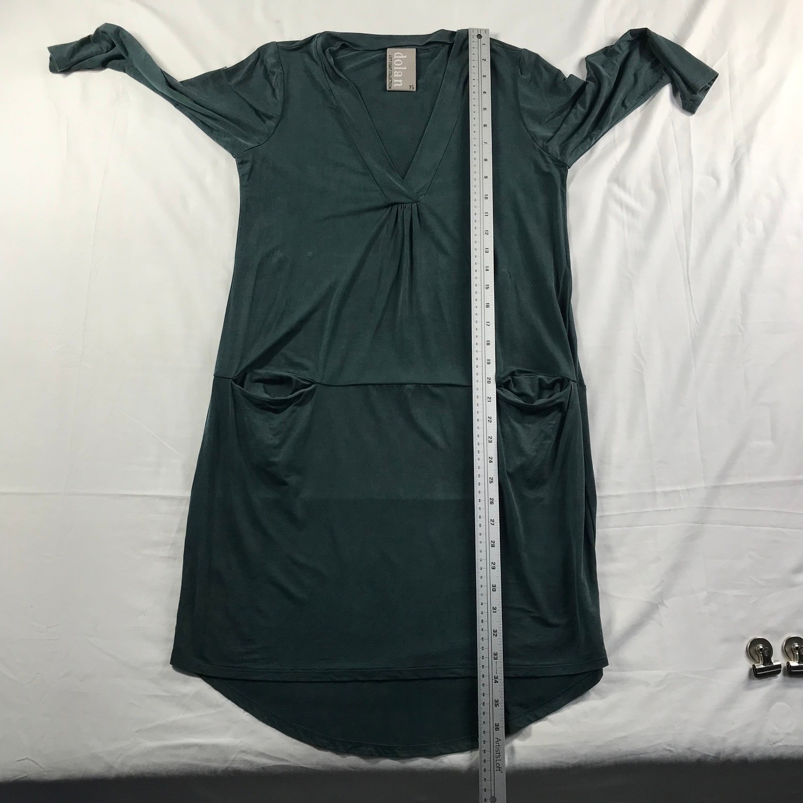 Dolan Left Coast Collection Green Cupro V-Neck Shift Dress Pockets XS 17932P