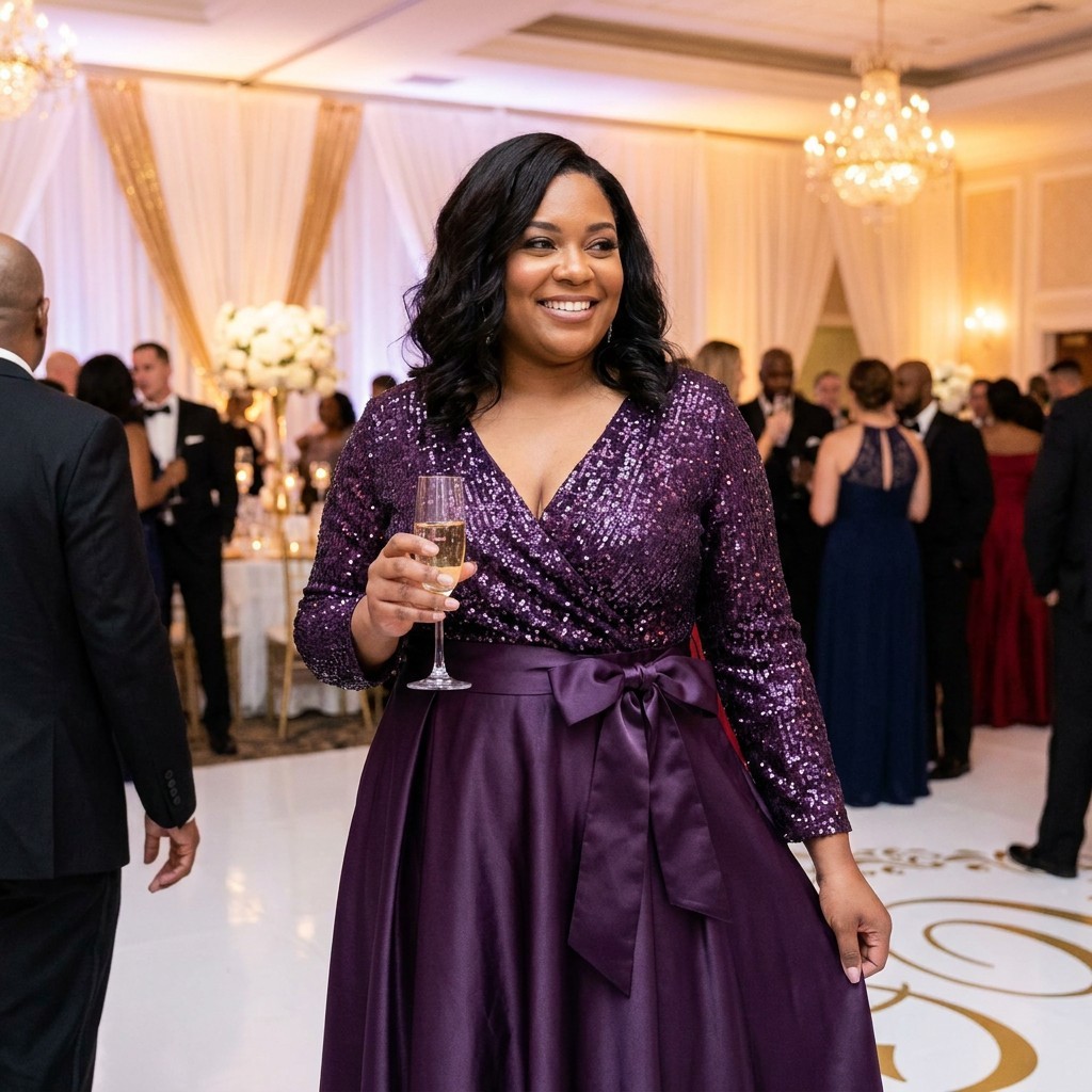 Plus Size 22W Purple Sequin Evening Gown Formal Maxi Dress V-Neck Elegant