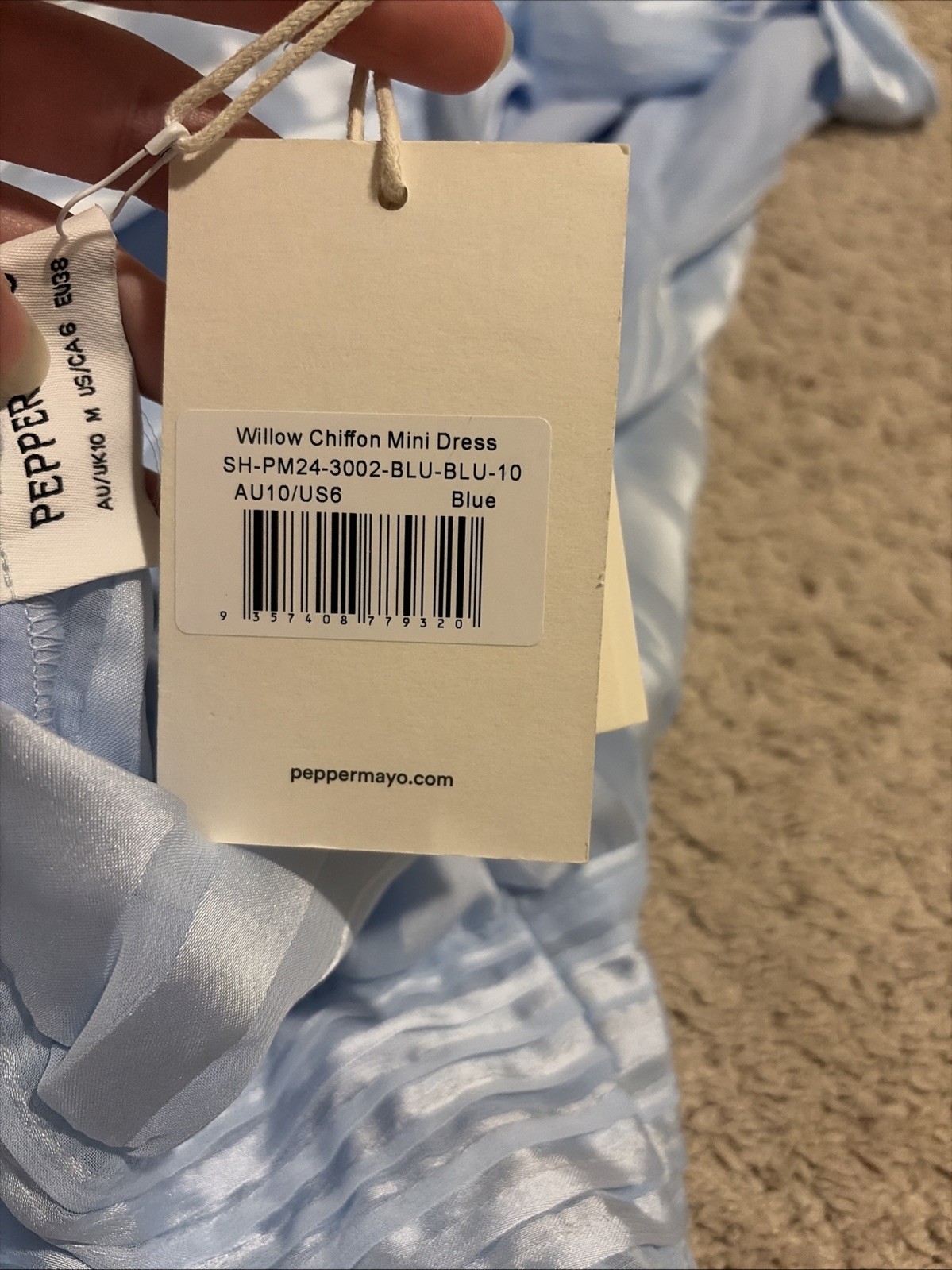 NWT Peppermayo Light Blue Willow Chiffon Mini Dress Size 6 Halter Neck Tie
