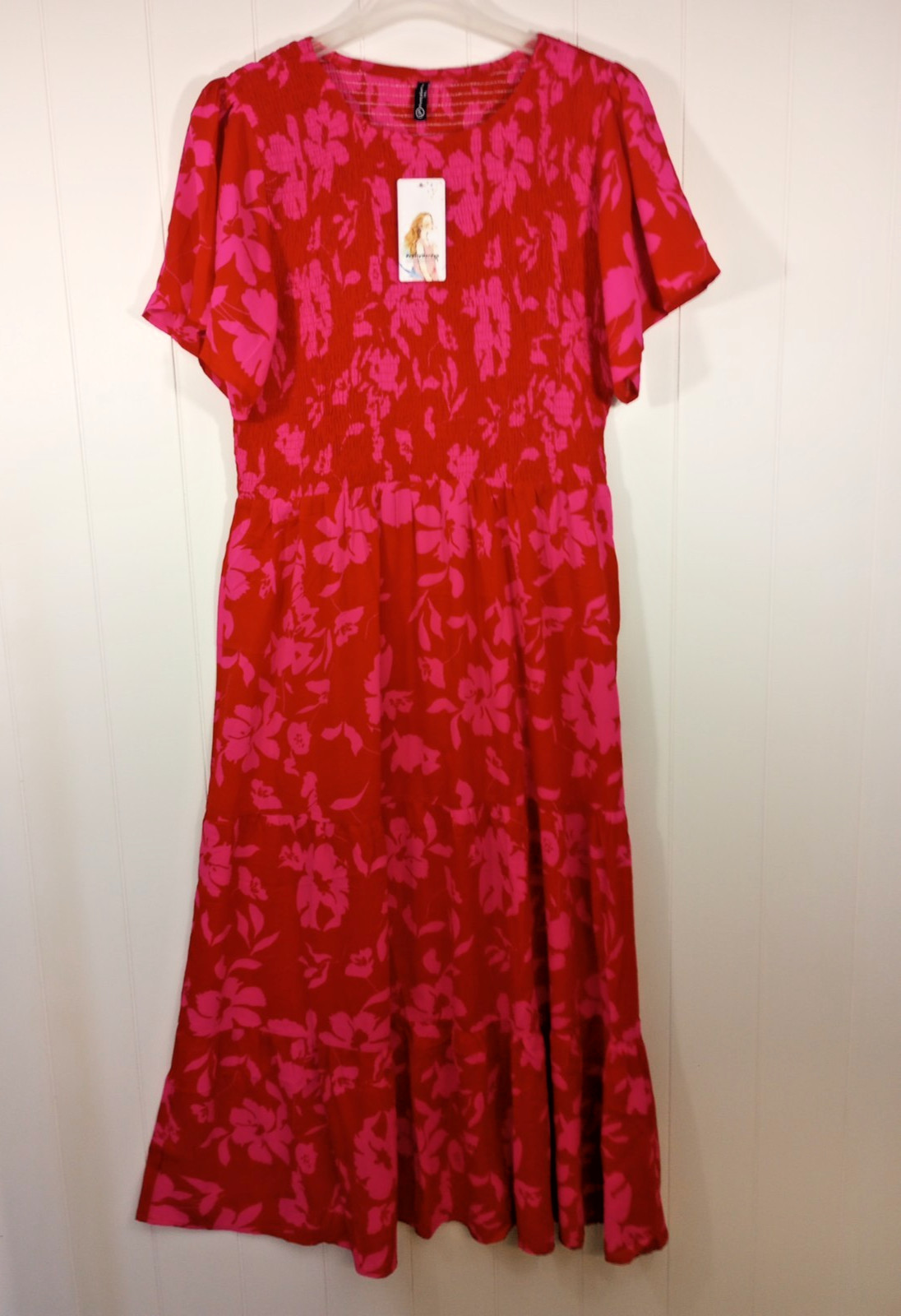 NWT Pretty Garden Dress XXL Red Pink Floral Smocked Tiered Flutter Sleeve Maxi
