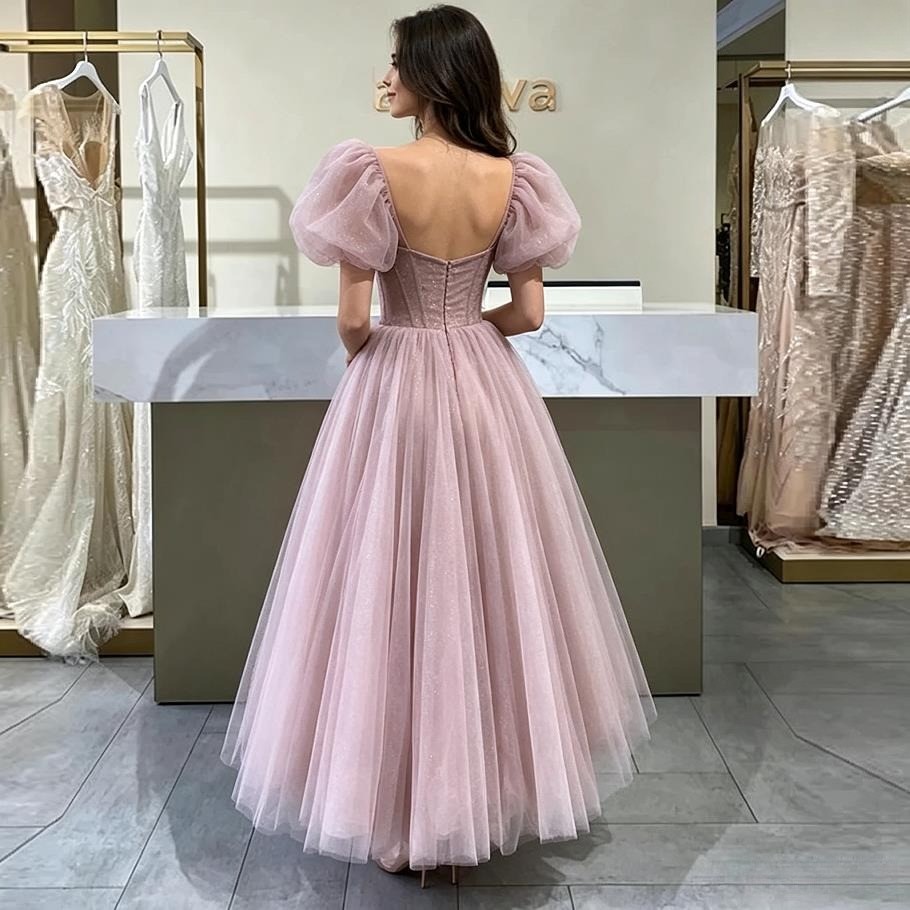 Thin Chiffon Short Ball Gown Shoulder Baring Layered Saudi Arabian Evening Dress