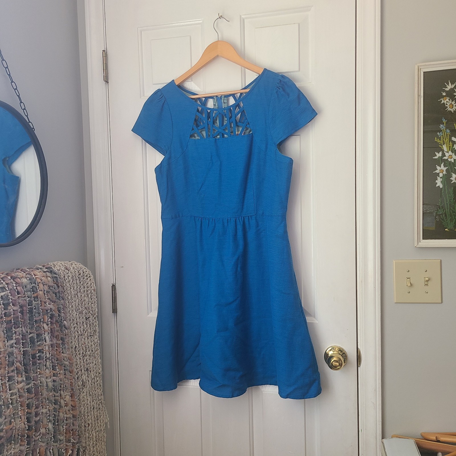 Maeve Anthropologie Cutout Square Neck Fit And Flare Party Dress Sz 10 Blue Chic