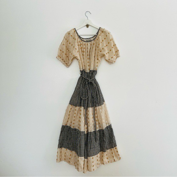 Ace & Jig Noah Dress Fitzroy M NWT Gingham Tiered Midi Cream Floral Embroidered