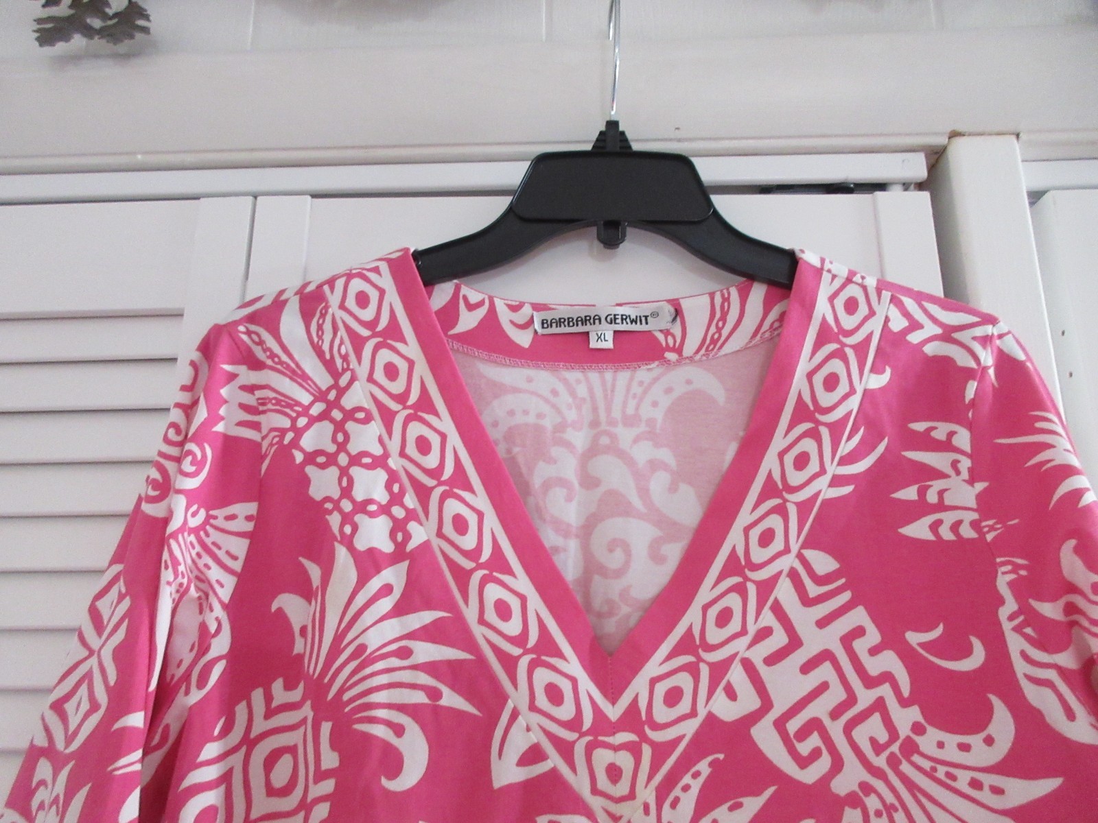 BARBARA GERWIT Sz L Pink White Pineapple Design 3/4 Sleeve V-Neck Dress- Ex Cond