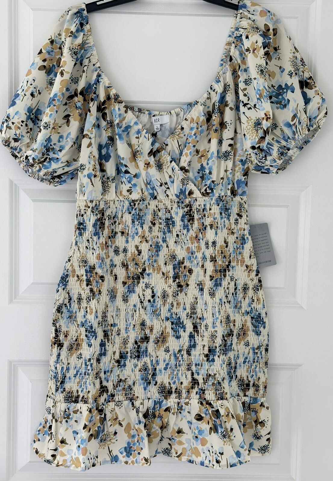 NWT NSR Puff Sleeve Sz L, XL Smocked Mini Dress Satin Short Ivory Blue Floral