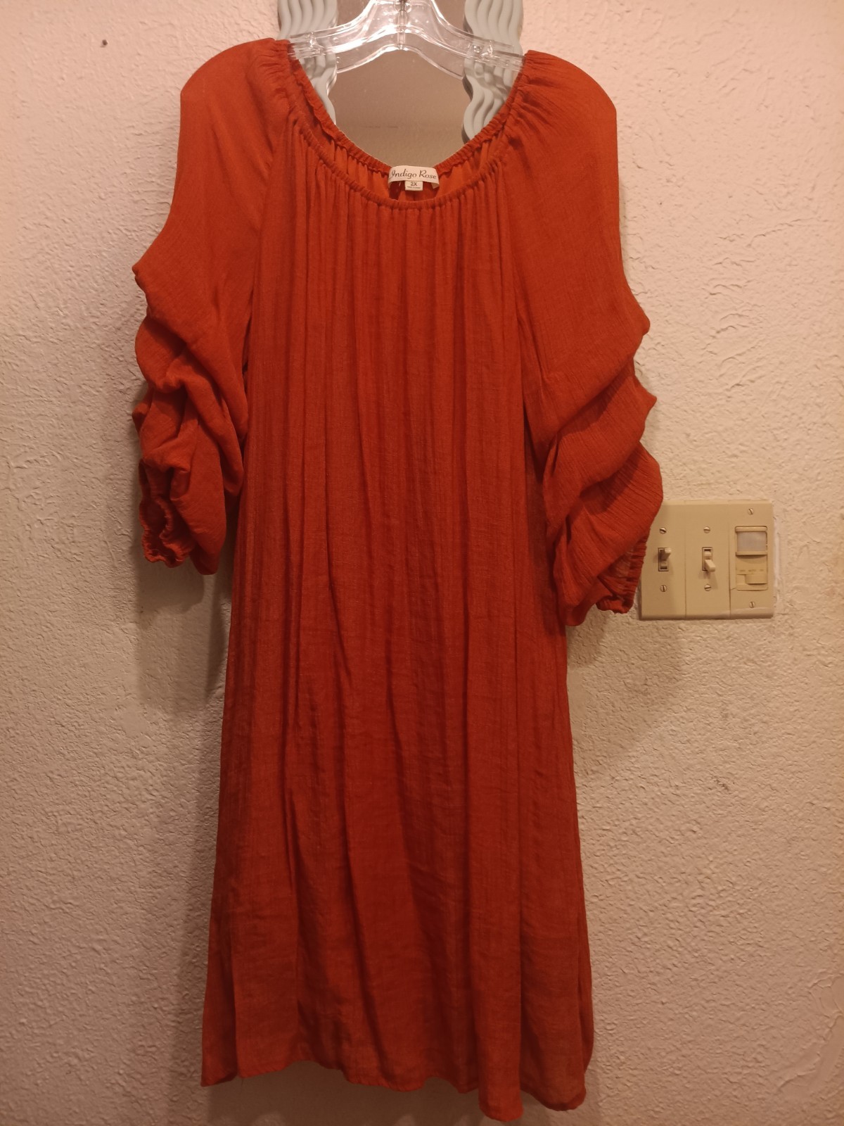 Indigo Rose Orange Solid Wrap Dress Scoop Neck 3/4 Ruffle Sleeve Knee Plus 2X