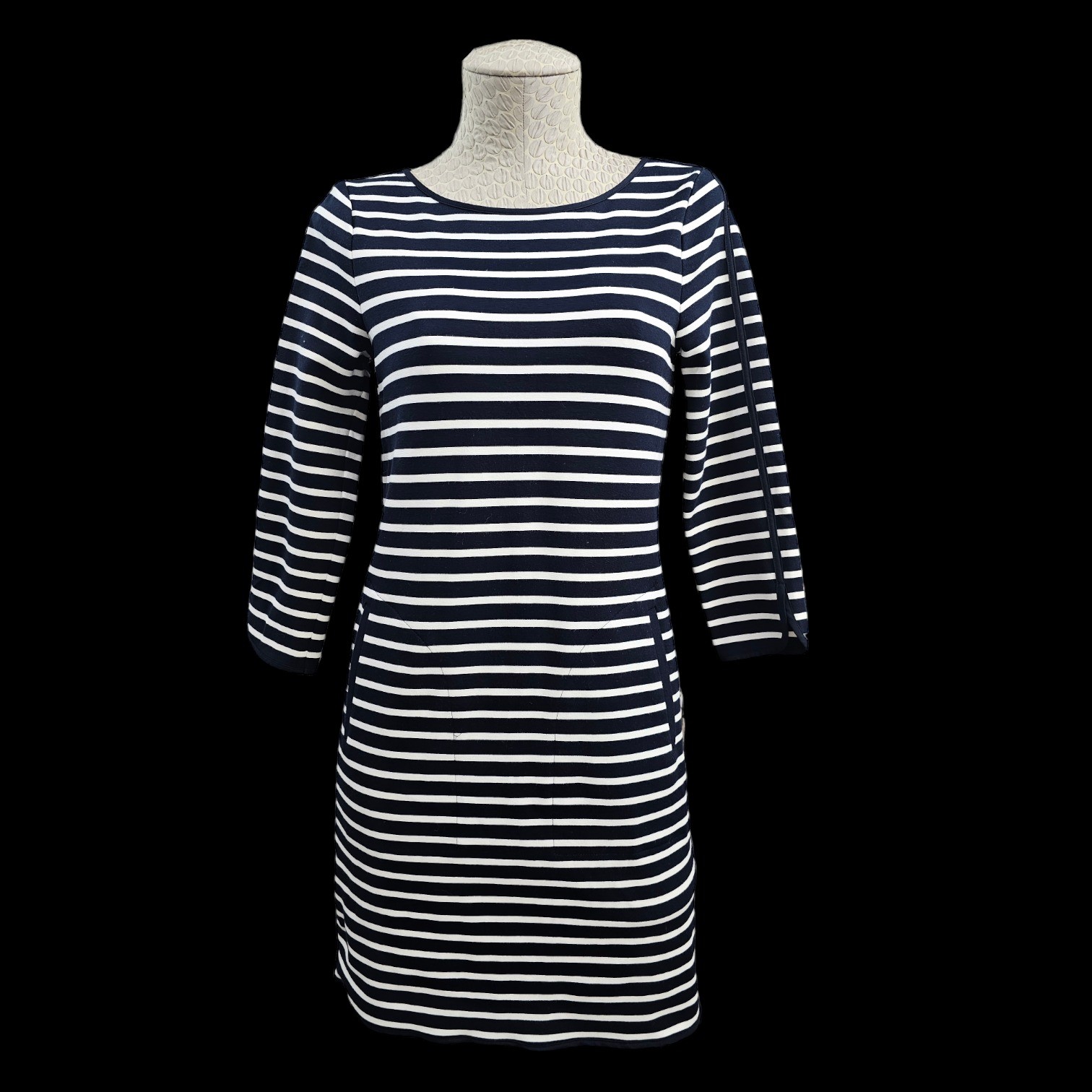 Lands’ End 2 Navy White Striped 3/4 Sleeve Shift Sheath Dress Nautical EUC