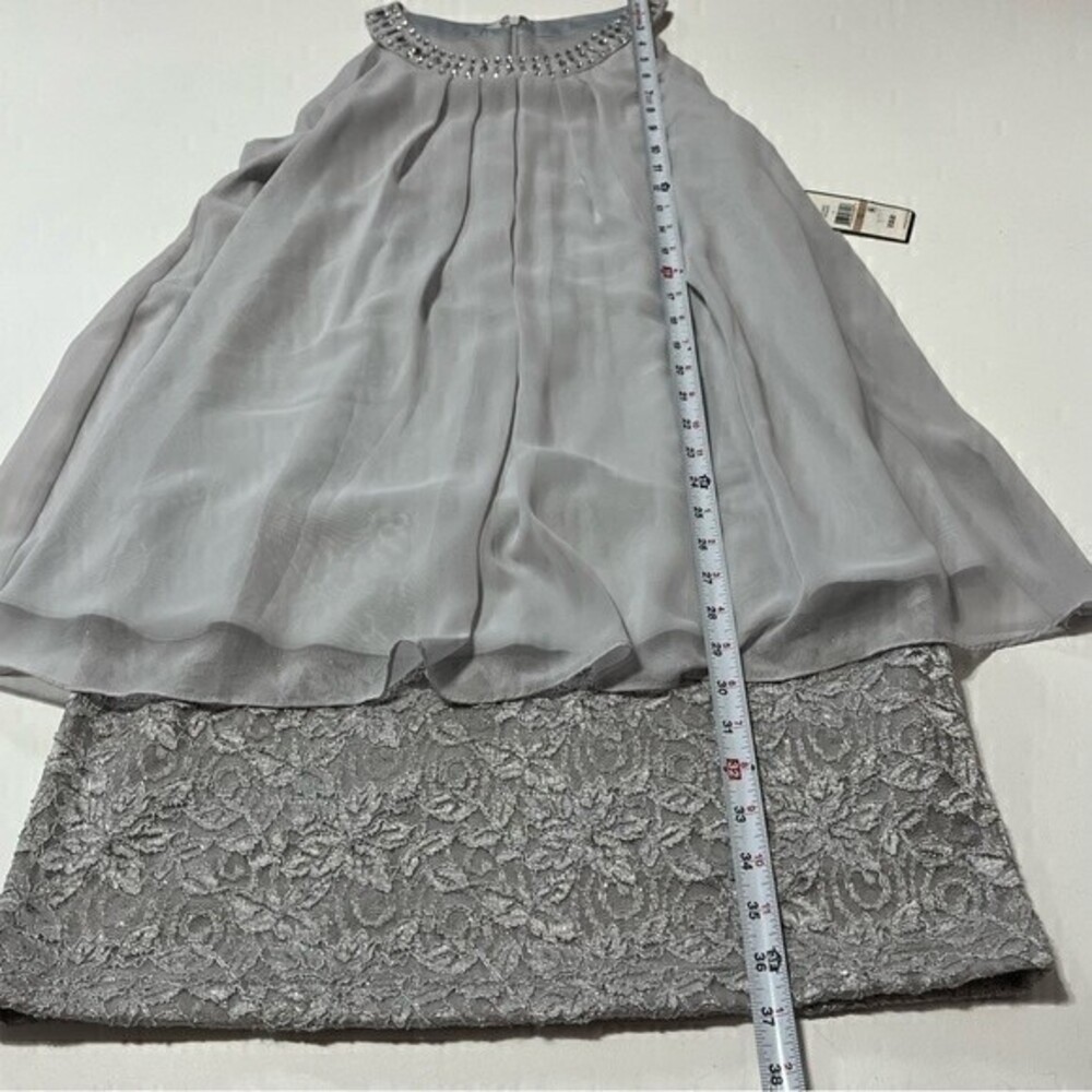 J Howard Silver Beaded Neckline Chiffon Overlay Lace Dress Size 12 NWT Flawed