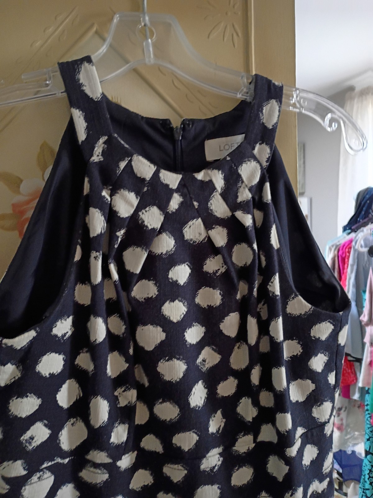 LOFT Navy/Ivory Polka Dot Shift Dress Scoop Neck Sleeveless Knee Length 16