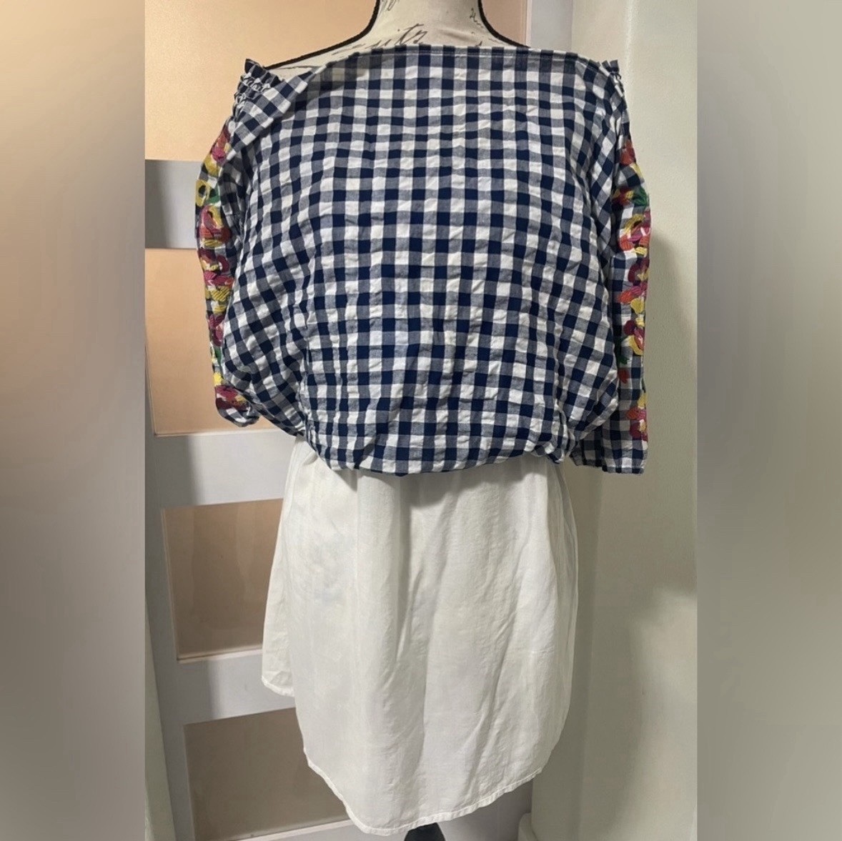 Skies Are Blue Sz M Shift Dress Mini Tunic Off Shoulder Cotton Embroidered Blue