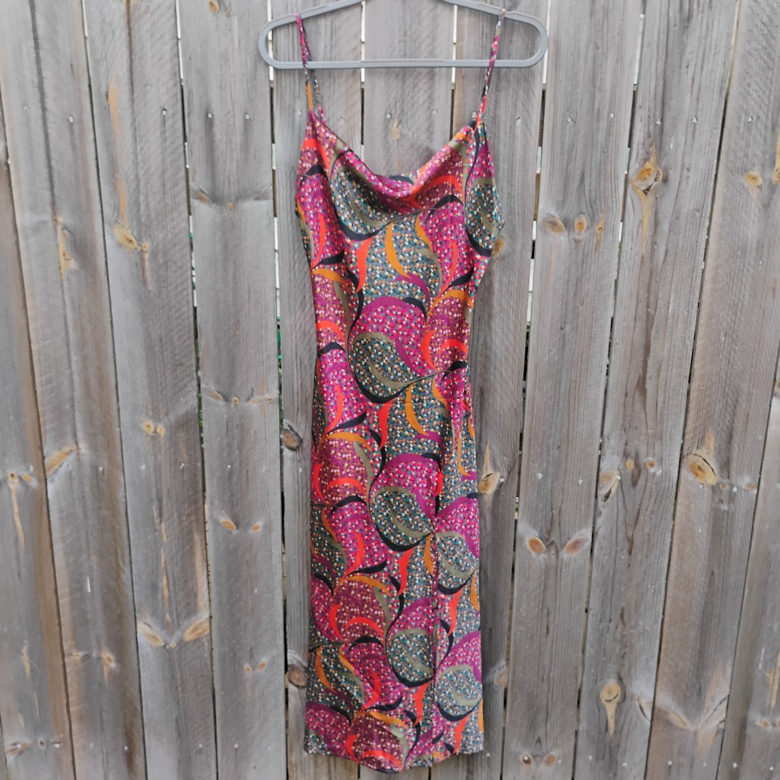 Paper Heart Satin Slip Maxi Dress S Cowl Neck High Slit Abstract Anthropologie