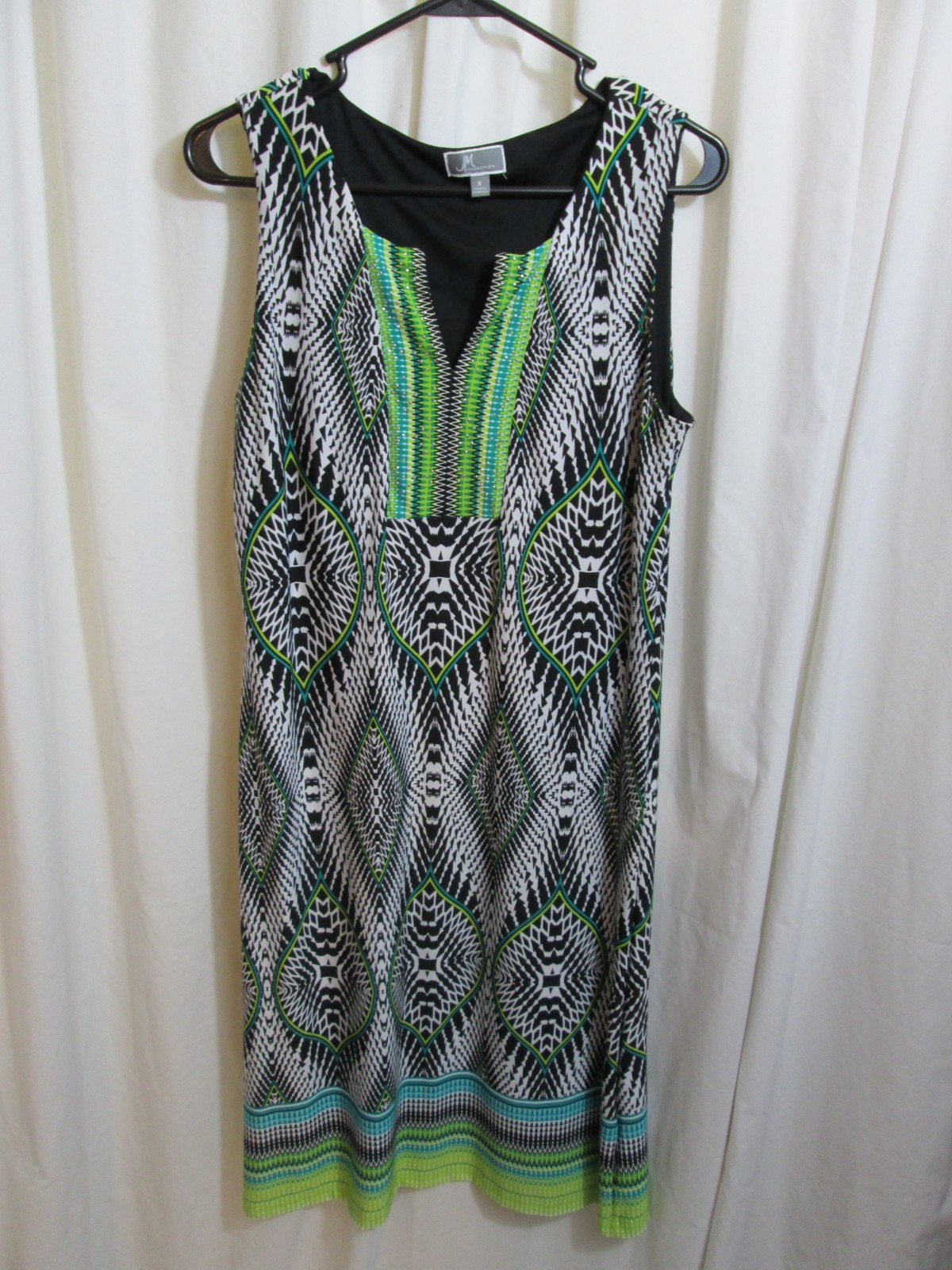 JM Womens Shift Dress Blk White Green Turq Silver Studs Poly Sleeveless Sz Small