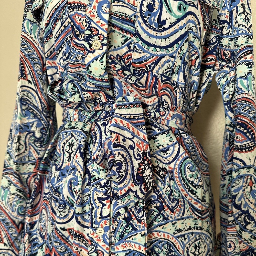 NWT NY Collection Paisley Button-Front Belted Midi Dress Blue Red Size M