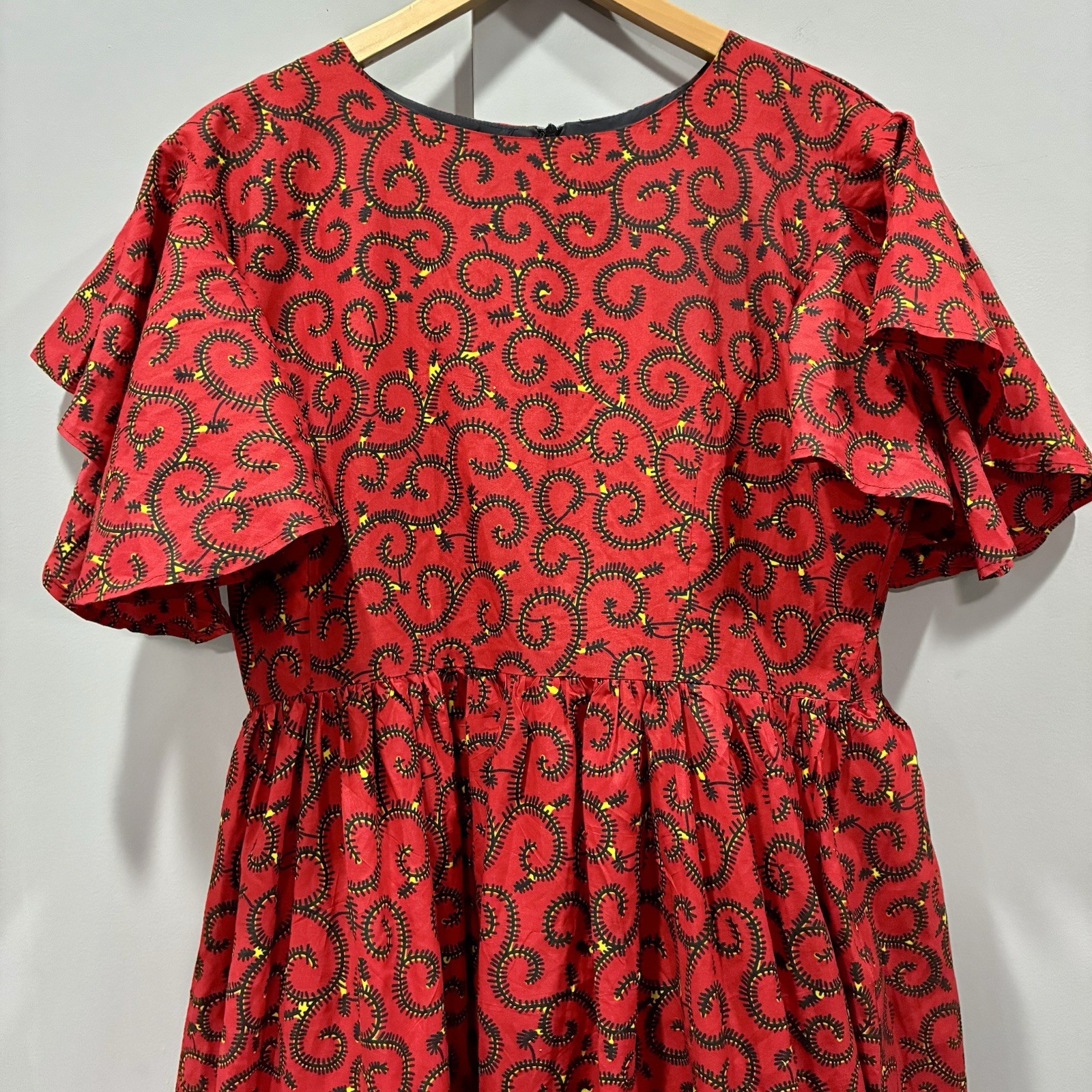 Handmade Ankara African Wax Print Formal Ocassion Dress Red Flutter Sleeve XL