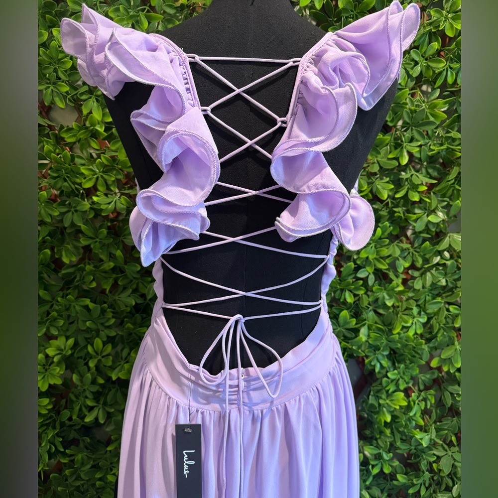 NWT- Soiree Celebration Purple Ruffled Lace-Up Dress
