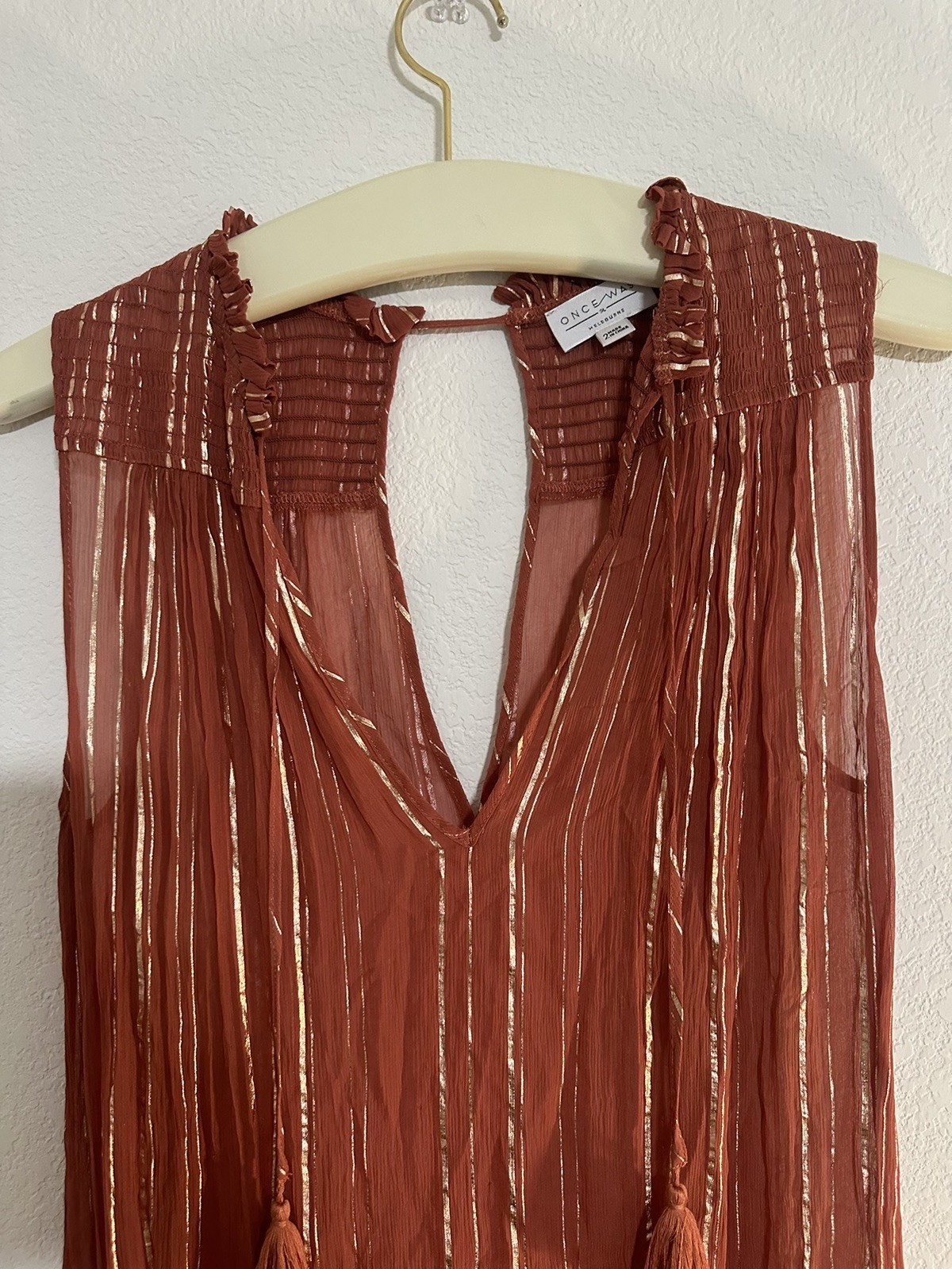 Once Was Melbourne Orange Red Rust Bohemian Peasant Shift Dress Sheer Size 2